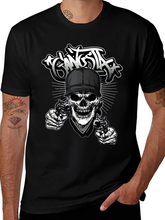 Gangsta Skull Graphic Print Black T-Shirt