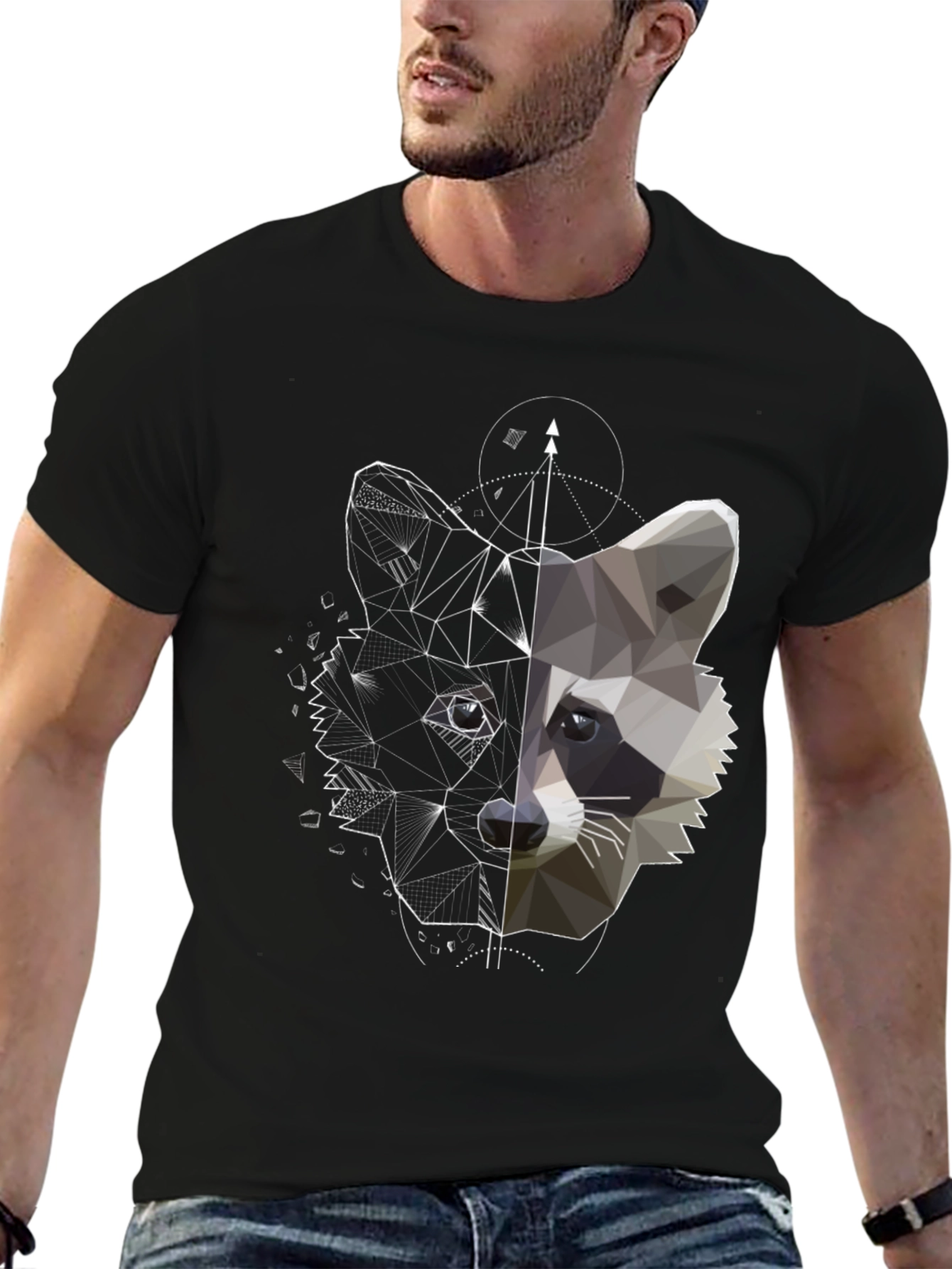 Geometric Raccoon Graphic Tee - Unique Black Shirt