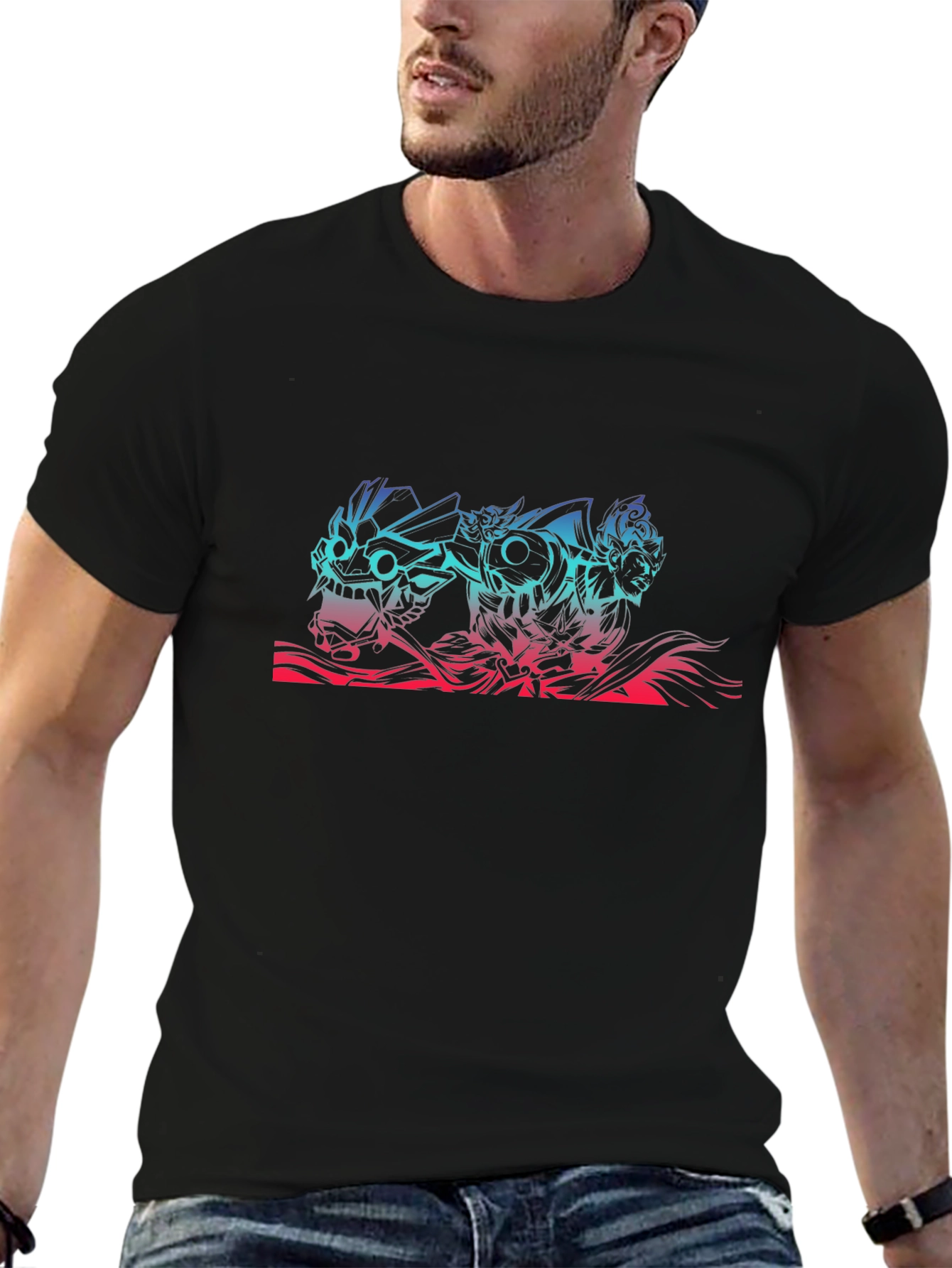 Anime Mask Graphic Tee - Black Cotton T-Shirt