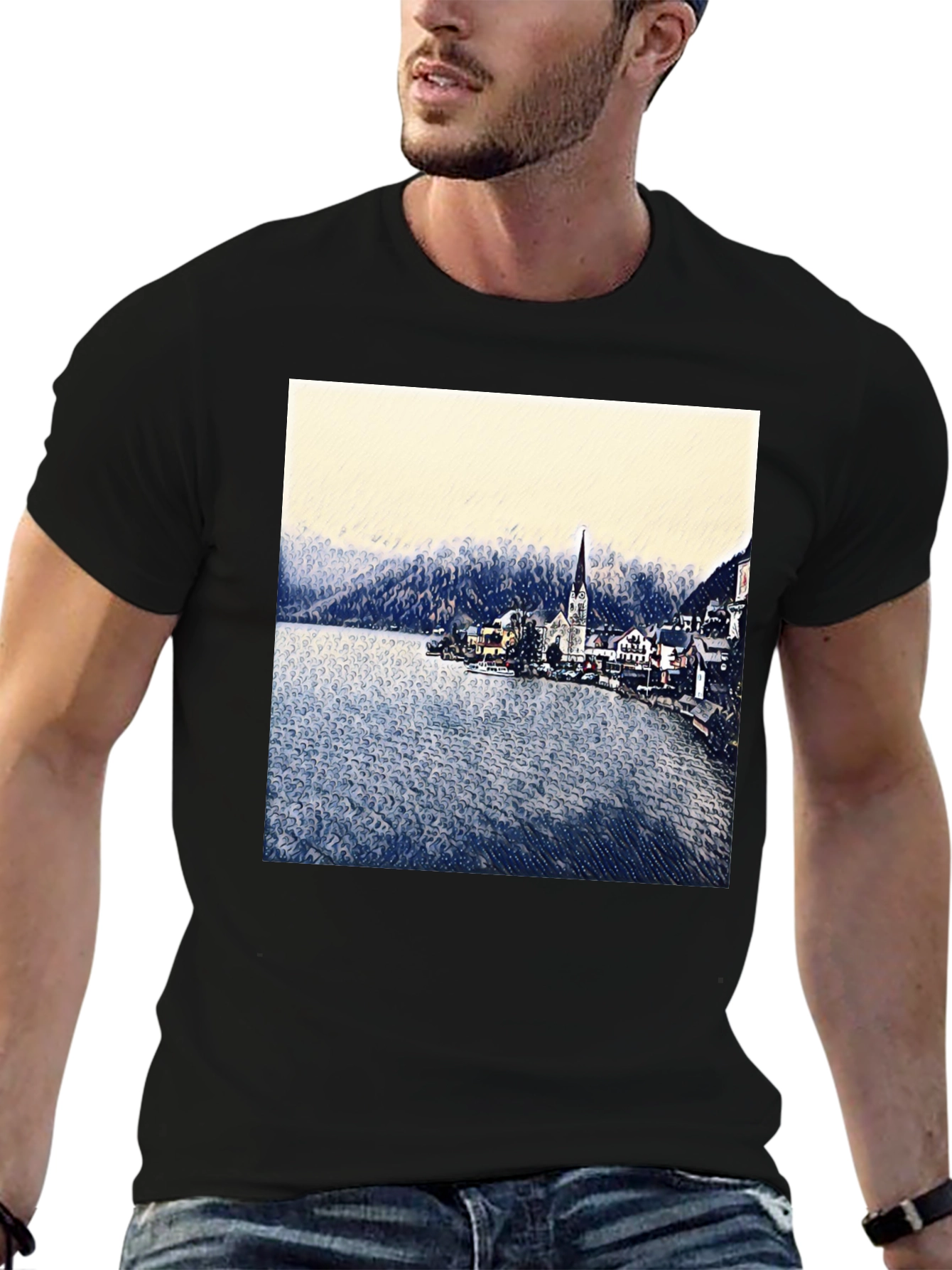 Scenic Lakeside Village Graphic Tee