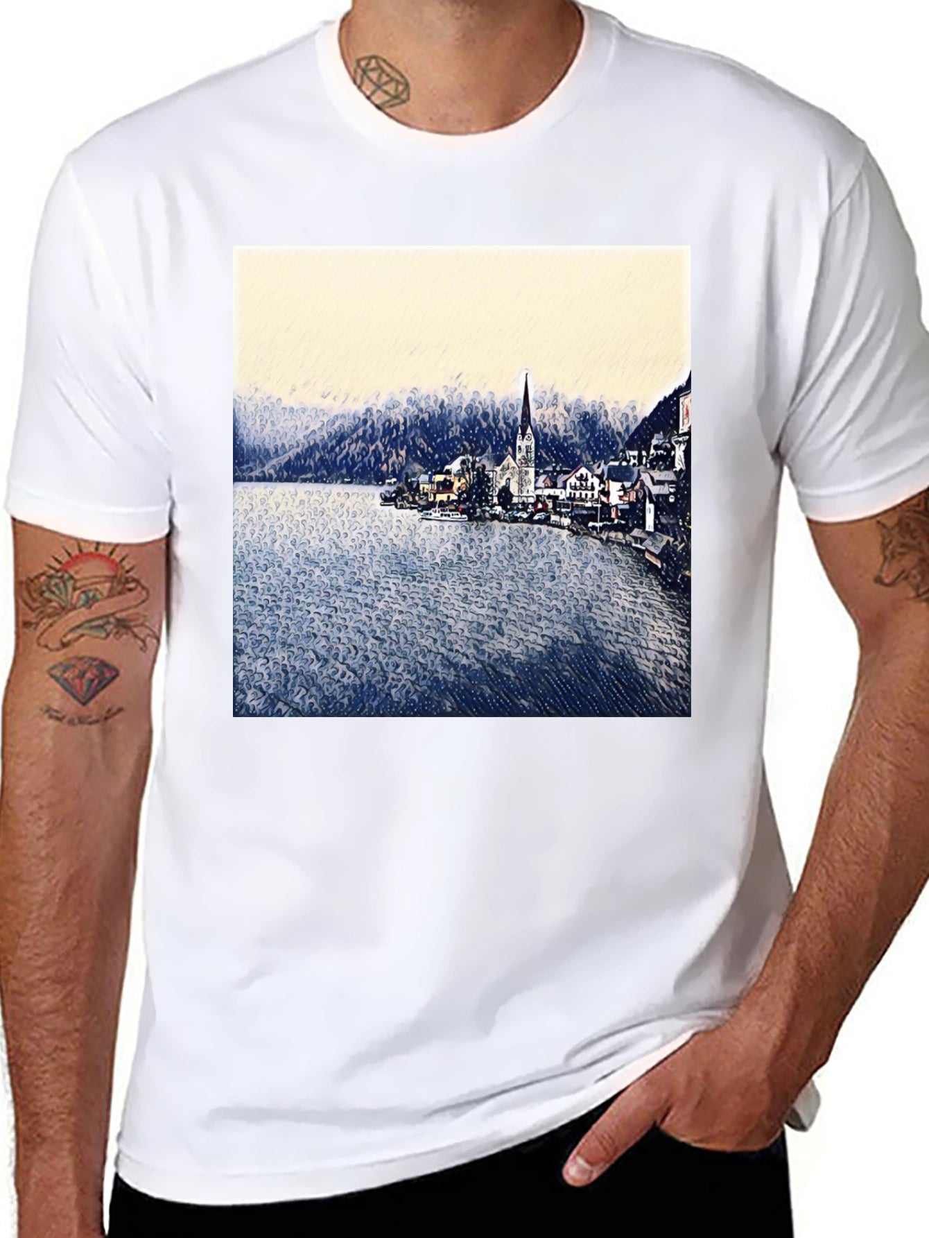 Scenic Lakeside Village Graphic Tee