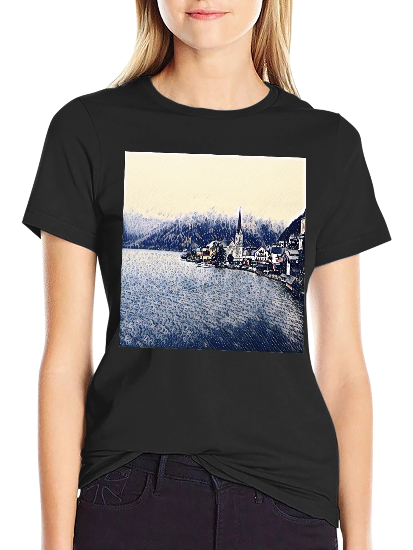 Scenic Lakeside Village Graphic Tee