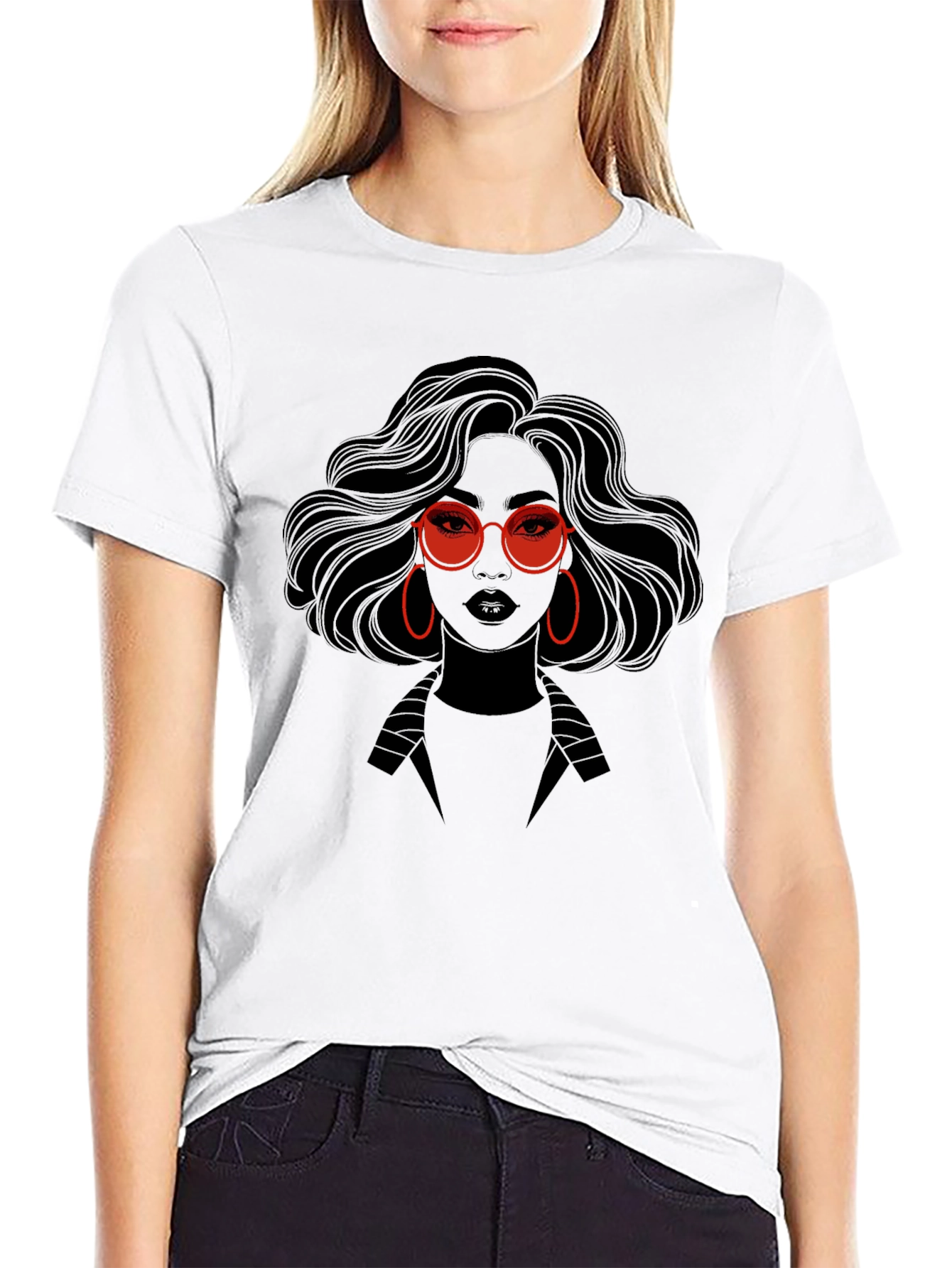 Stylish Graphic Print T-Shirt - Woman with Red Glasses