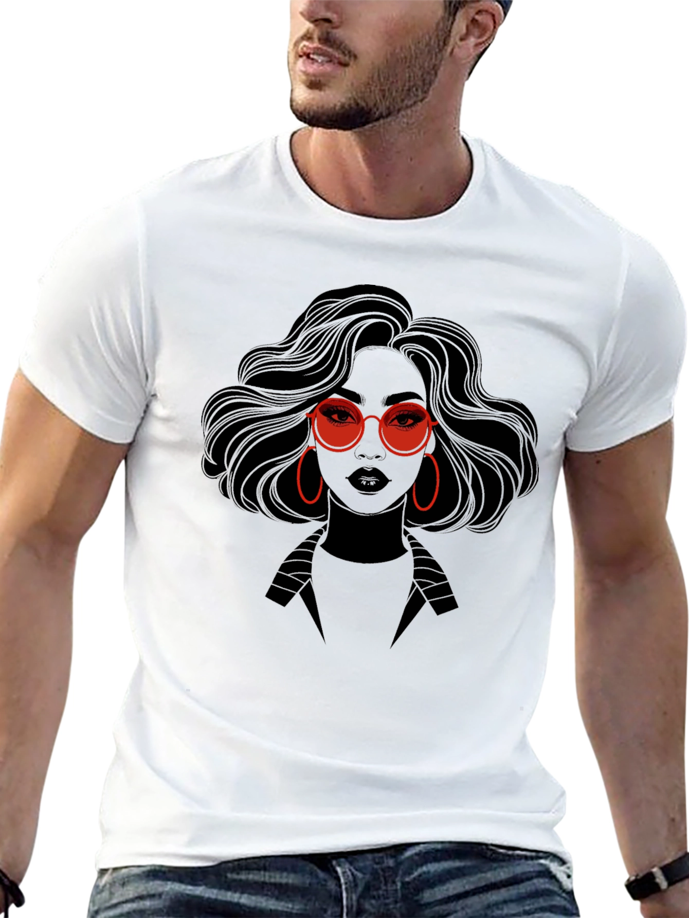 Stylish Graphic Print T-Shirt - Woman with Red Glasses