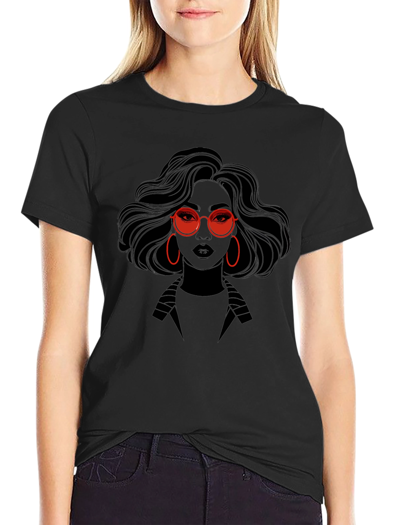 Stylish Graphic Print T-Shirt - Woman with Red Glasses