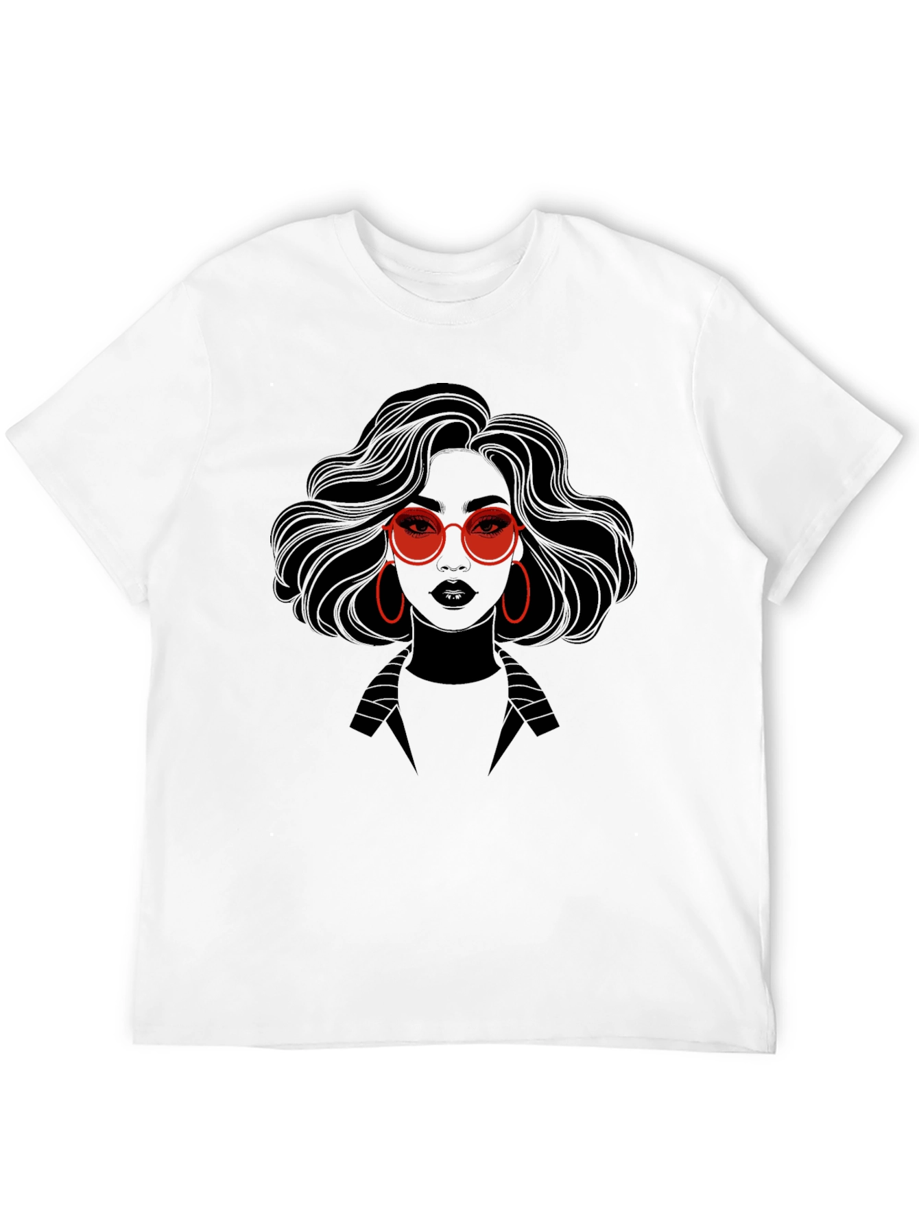 Stylish Graphic Print T-Shirt - Woman with Red Glasses