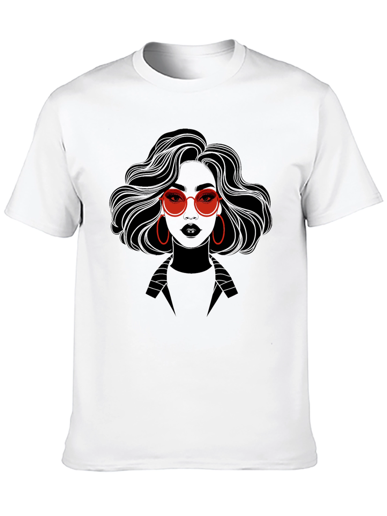 Stylish Graphic Print T-Shirt - Woman with Red Glasses