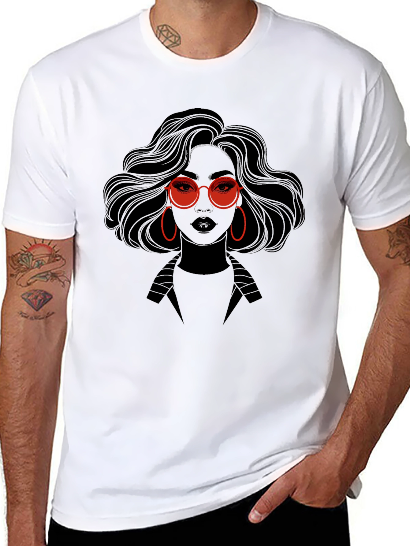 Stylish Graphic Print T-Shirt - Woman with Red Glasses