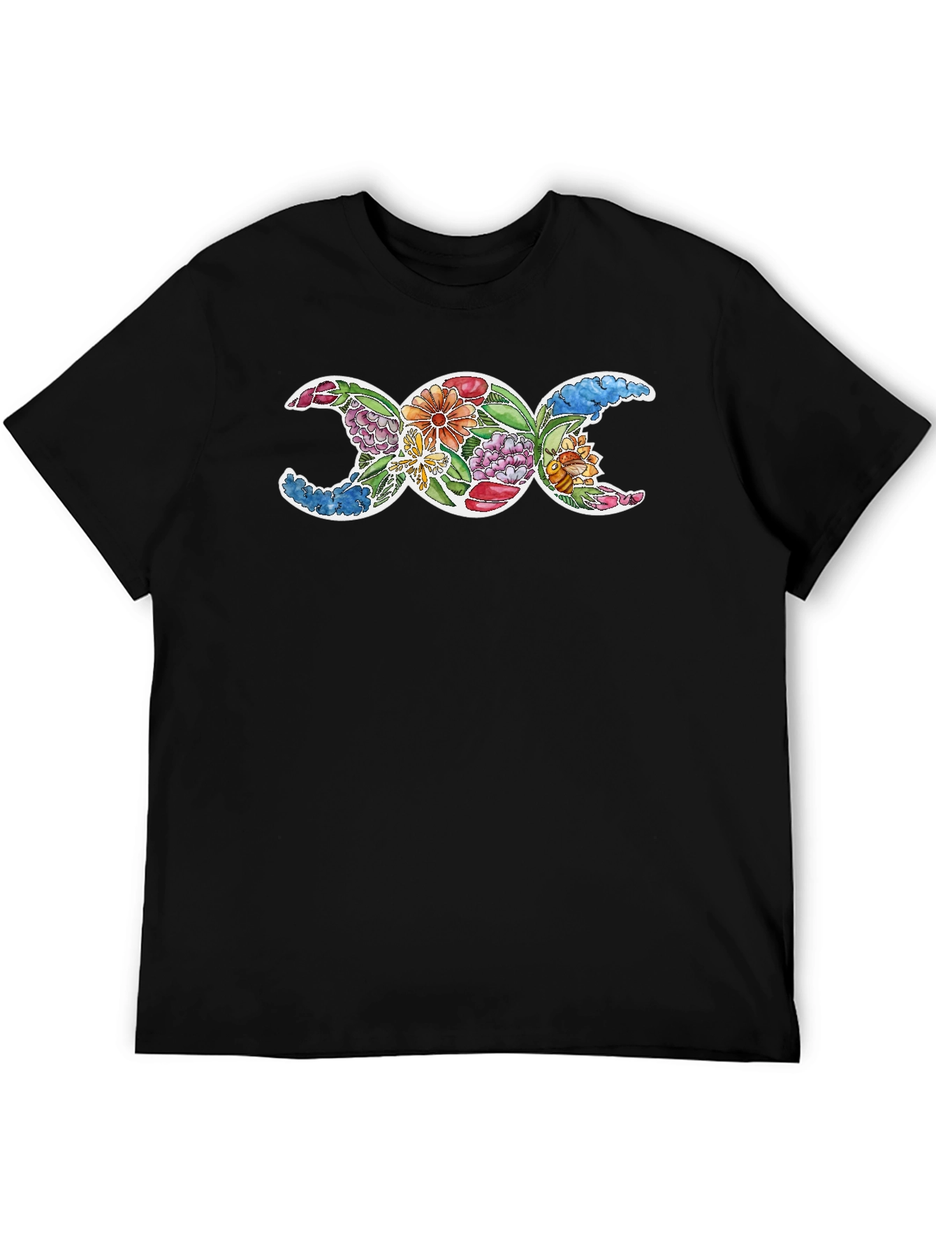Floral Triple Moon Goddess Black T-Shirt