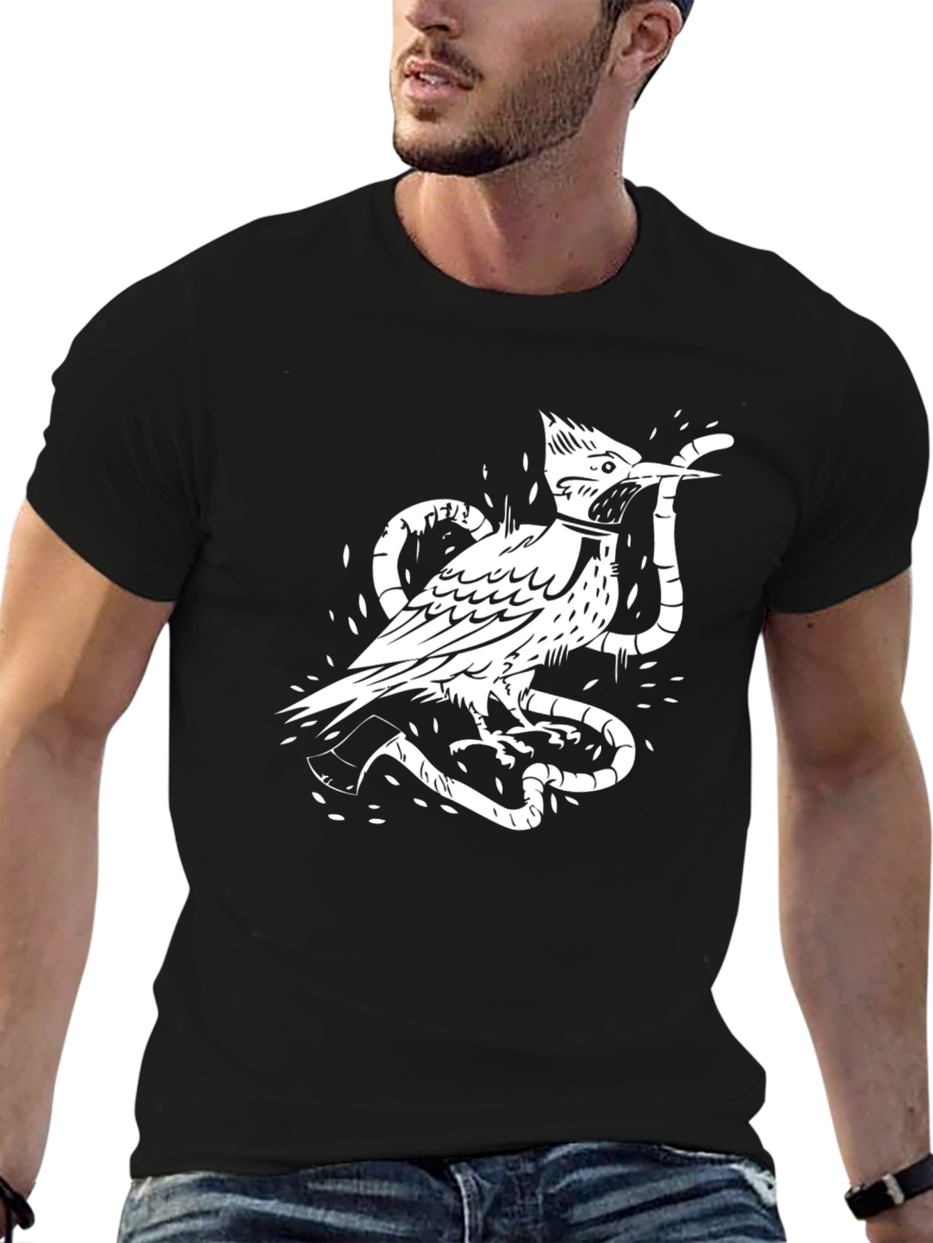 Bird and Snake Graphic Tee - Black Cotton Shirt