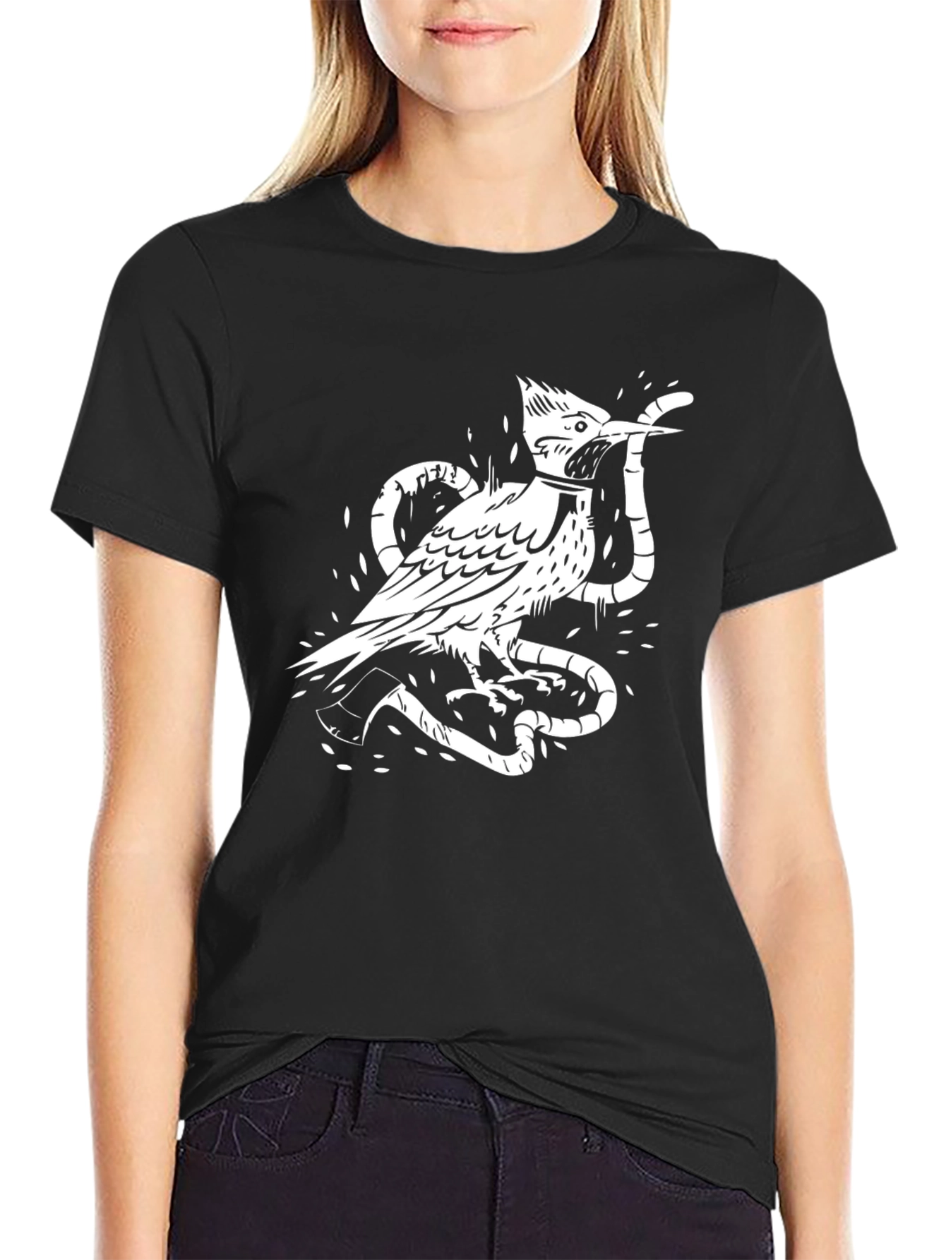 Bird and Snake Graphic Tee - Black Cotton Shirt