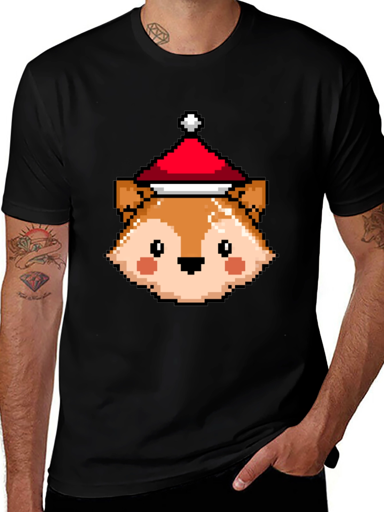 Pixel Fox with Santa Hat T-Shirt