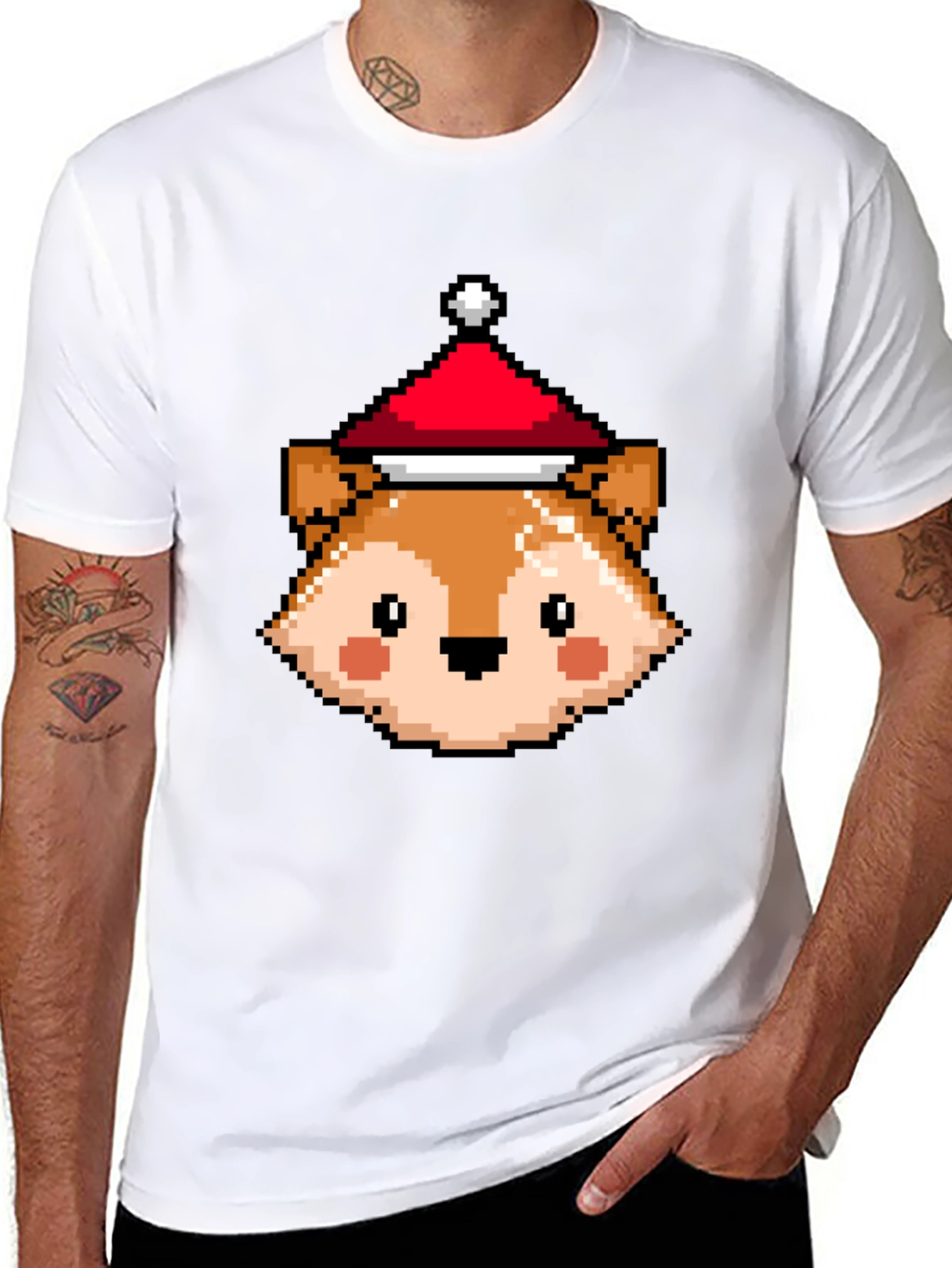 Pixel Fox with Santa Hat T-Shirt