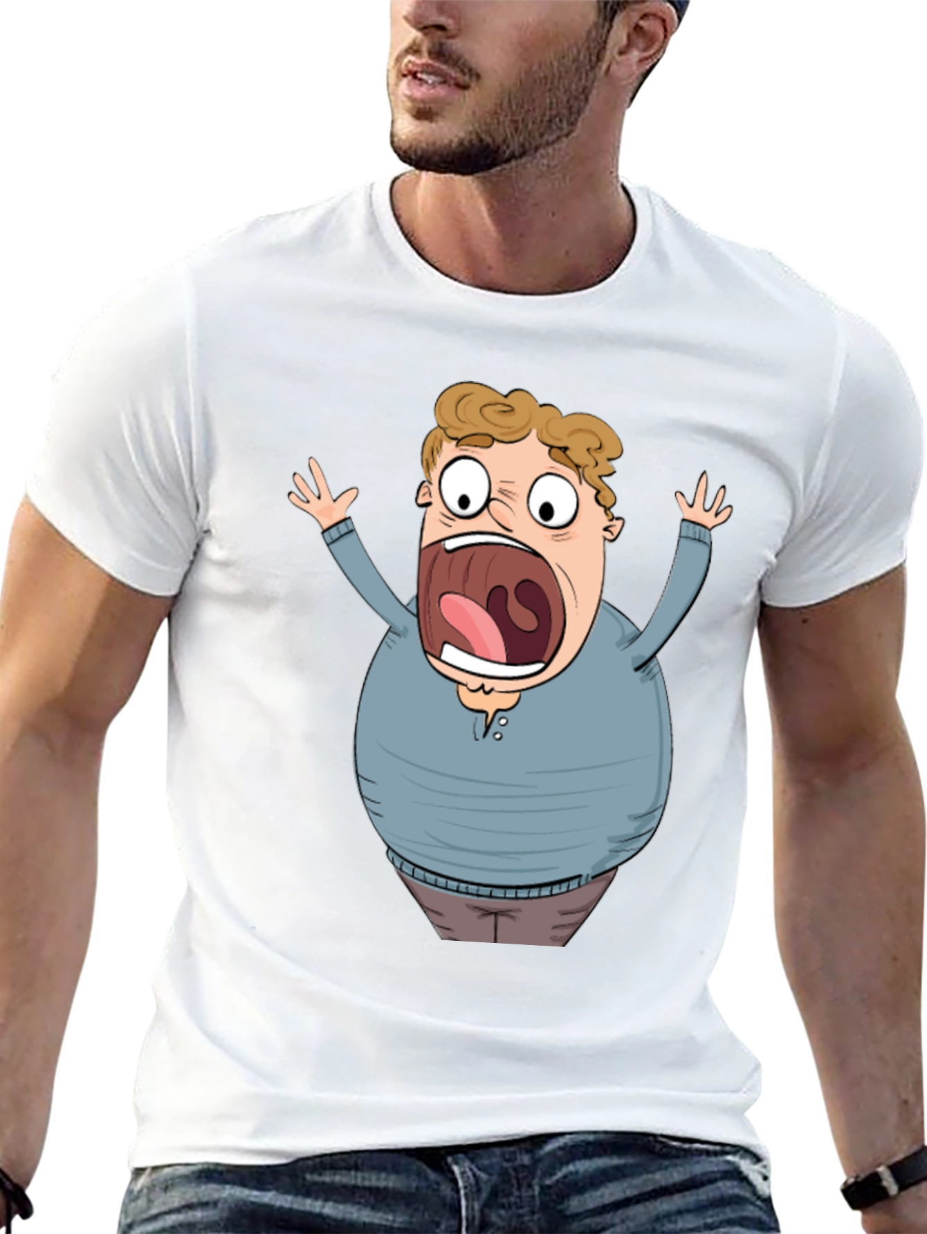 Cartoon Scared Man Graphic Black T-Shirt