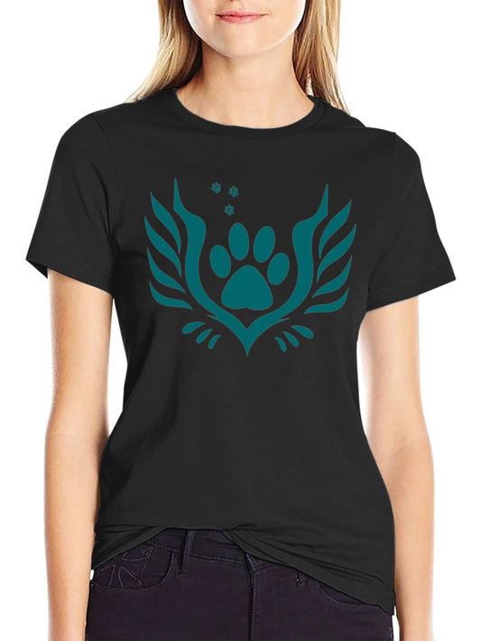 Black Tee with Teal Paw Print Crest Design
