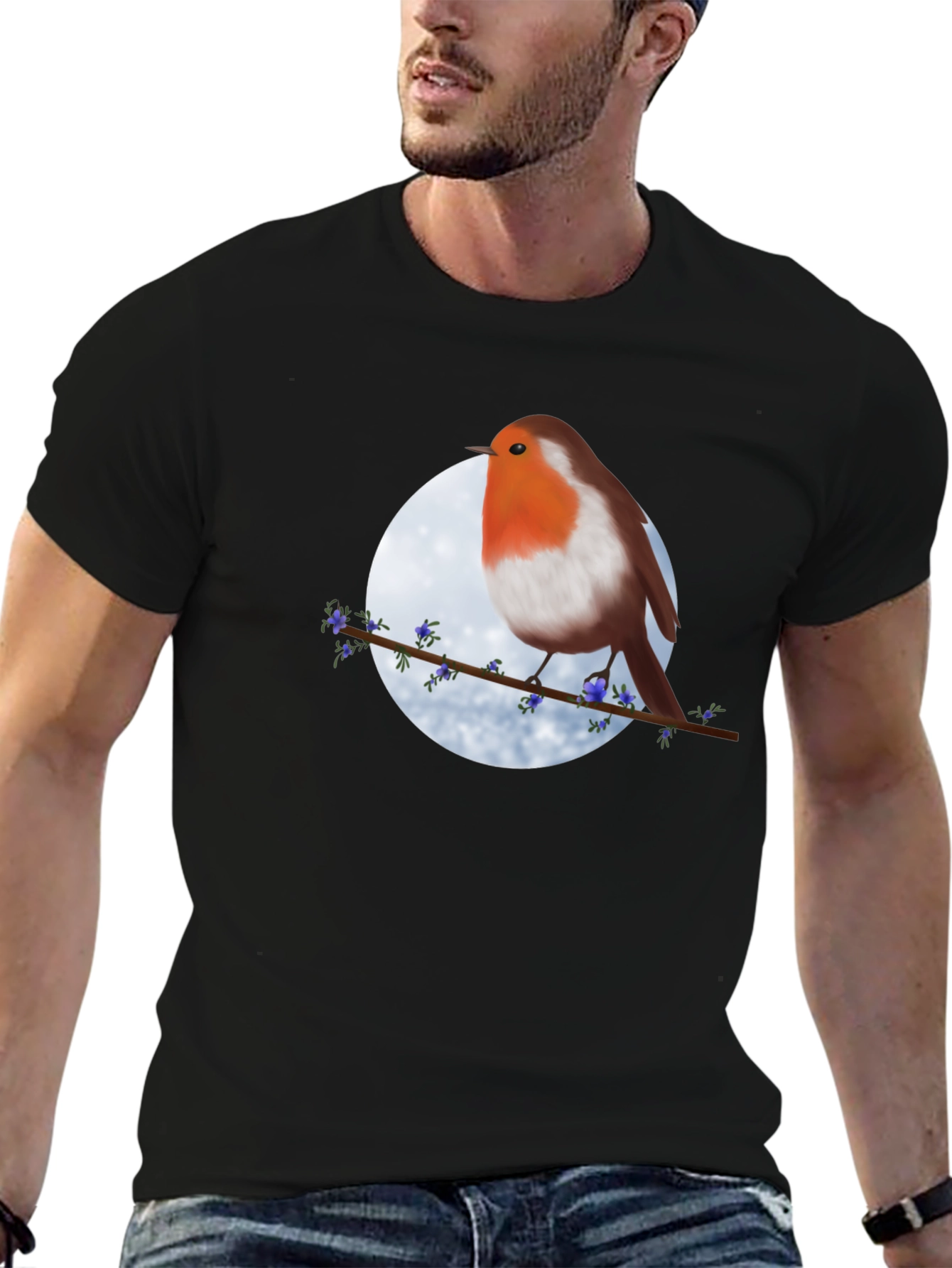 Robin Bird on Branch Graphic Tee - Black