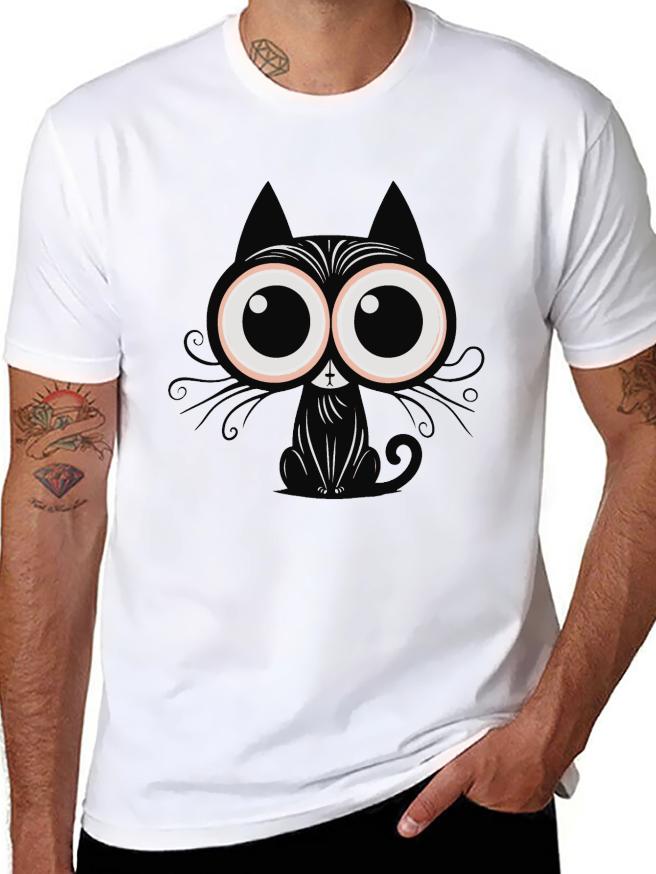 Cartoon Cat Graphic T-Shirt - Black