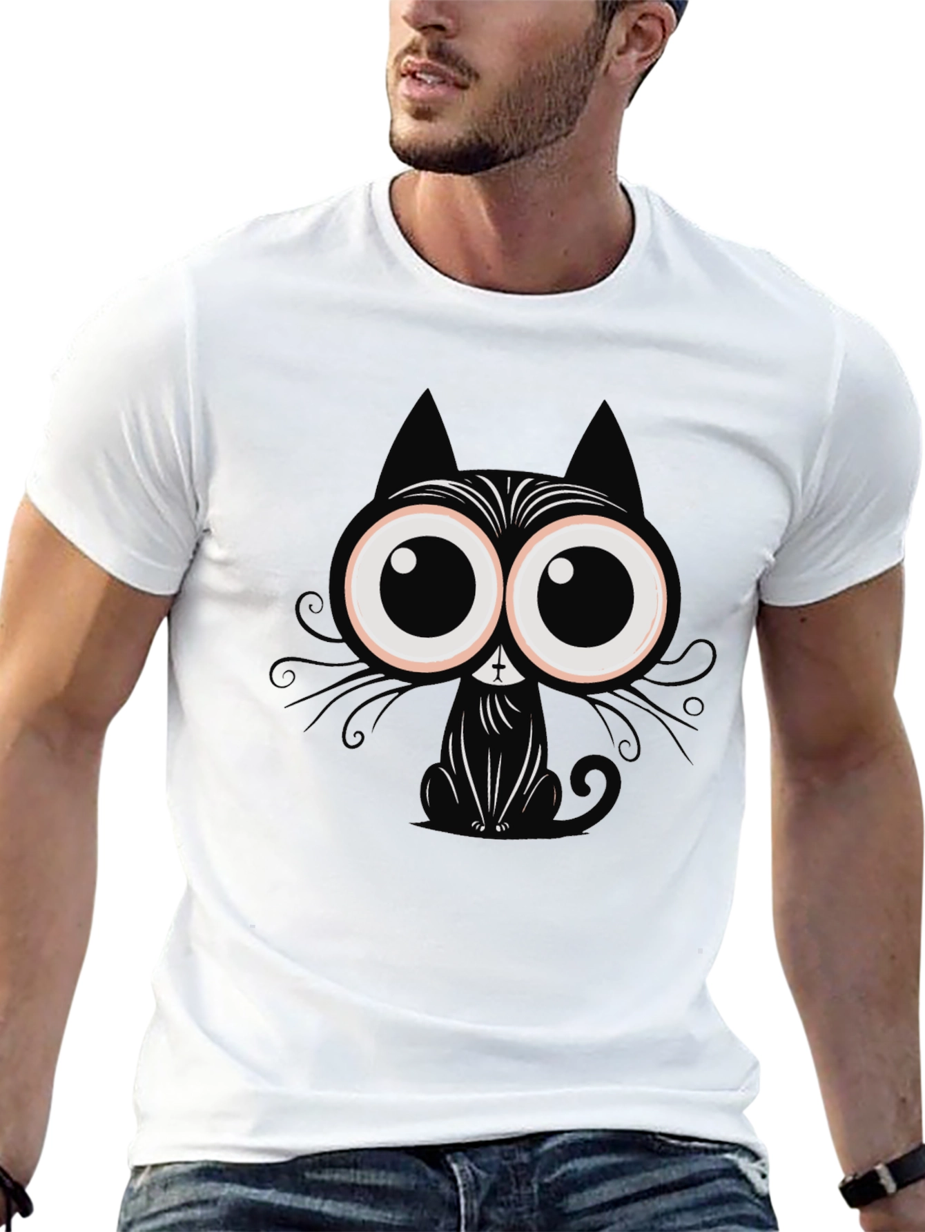 Cartoon Cat Graphic T-Shirt - Black