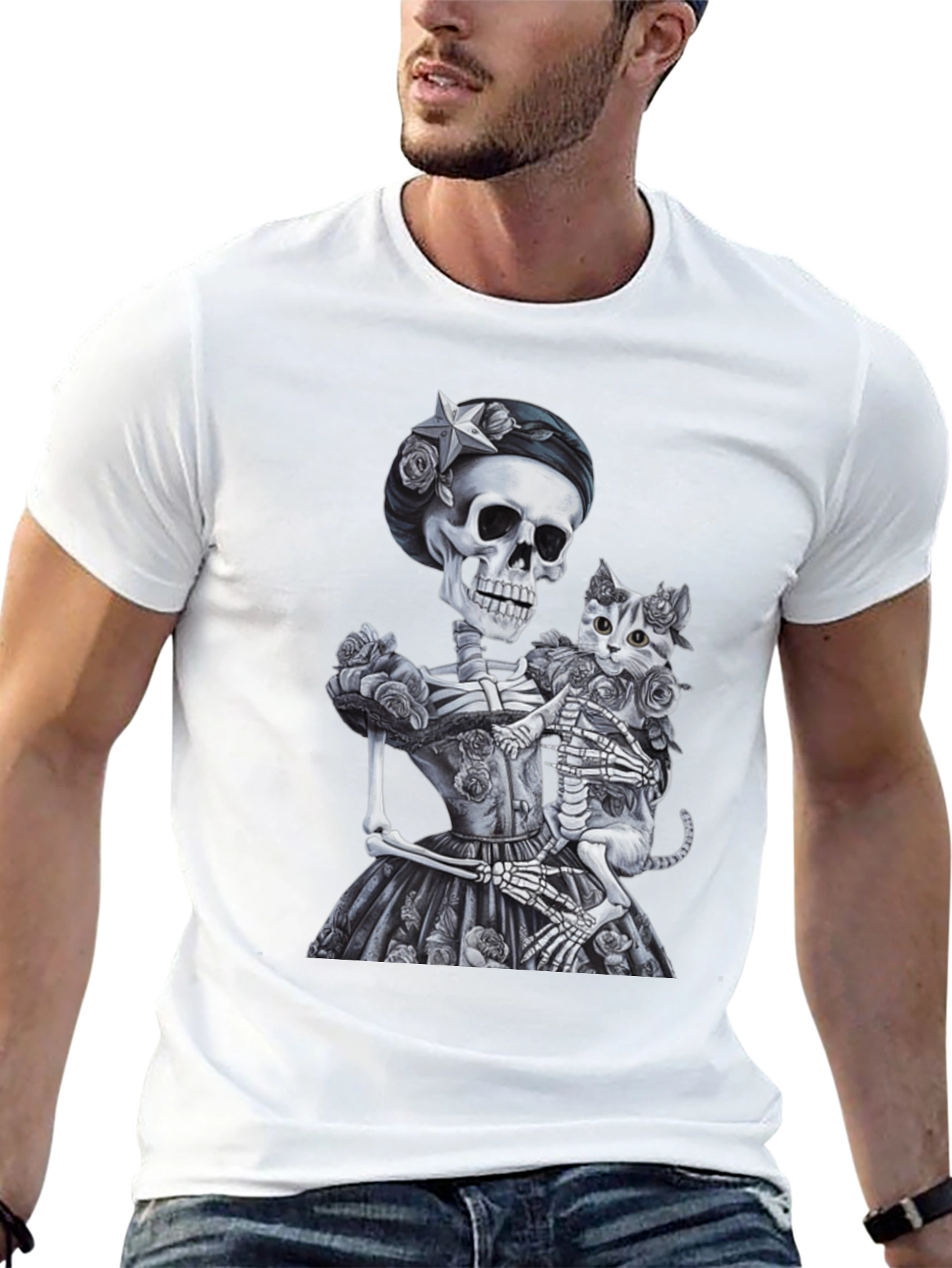 Skeleton & Cat Graphic Tee - Gothic Style