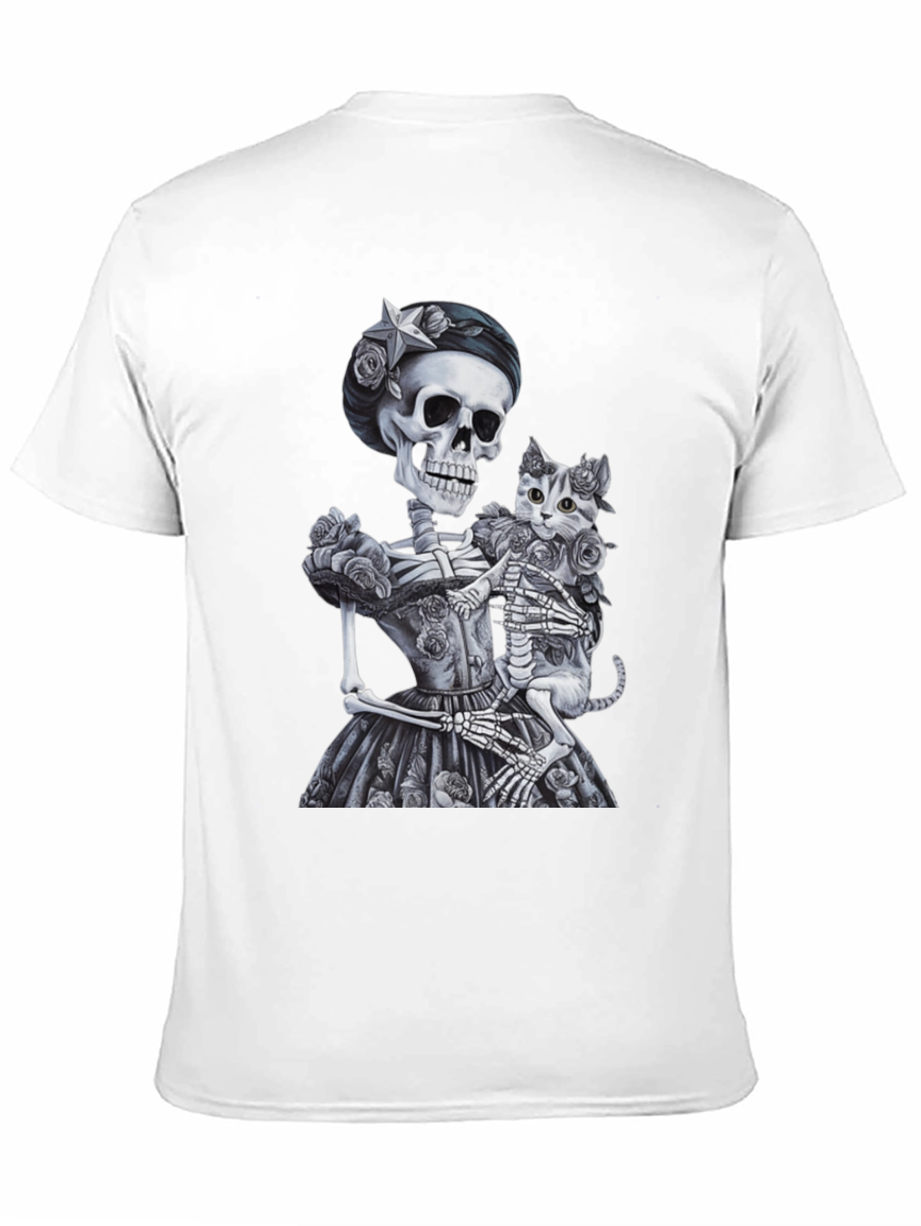 Skeleton & Cat Graphic Tee - Gothic Style