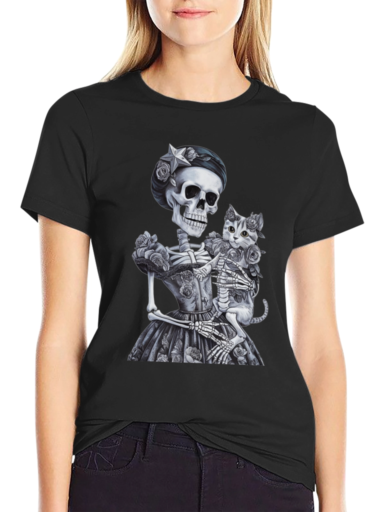 Skeleton & Cat Graphic Tee - Gothic Style