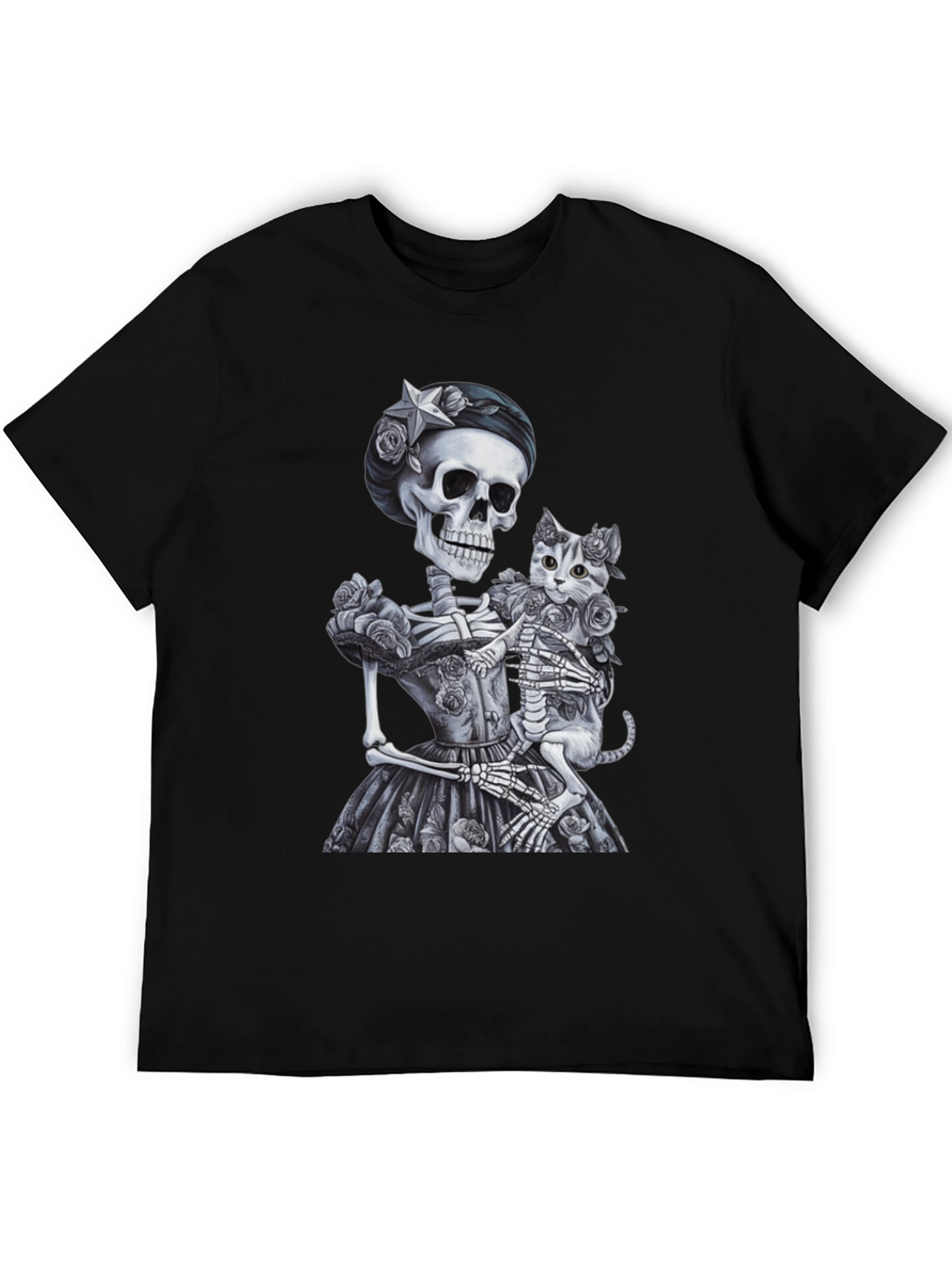 Skeleton & Cat Graphic Tee - Gothic Style