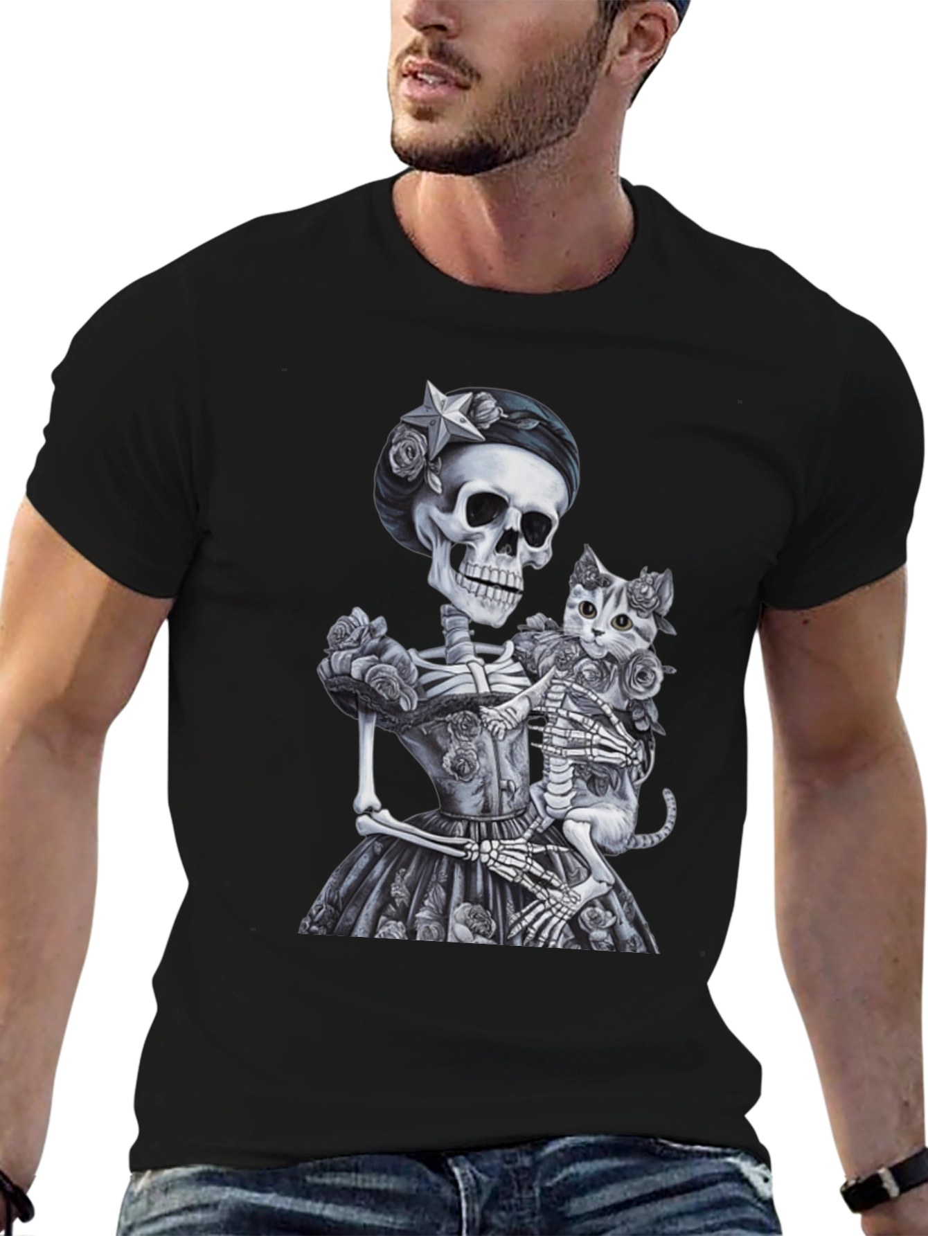 Skeleton & Cat Graphic Tee - Gothic Style