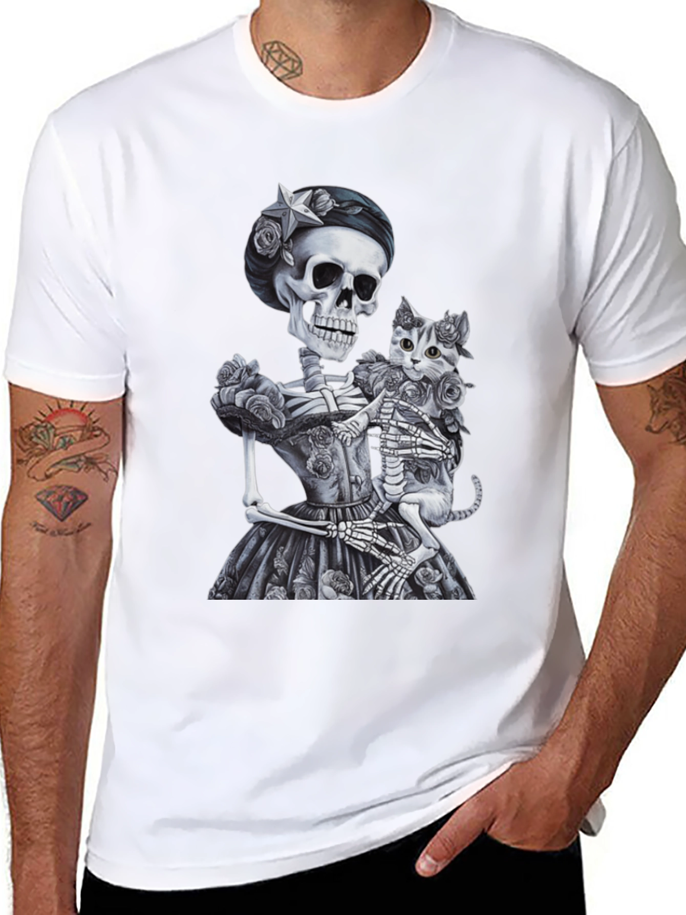 Skeleton & Cat Graphic Tee - Gothic Style