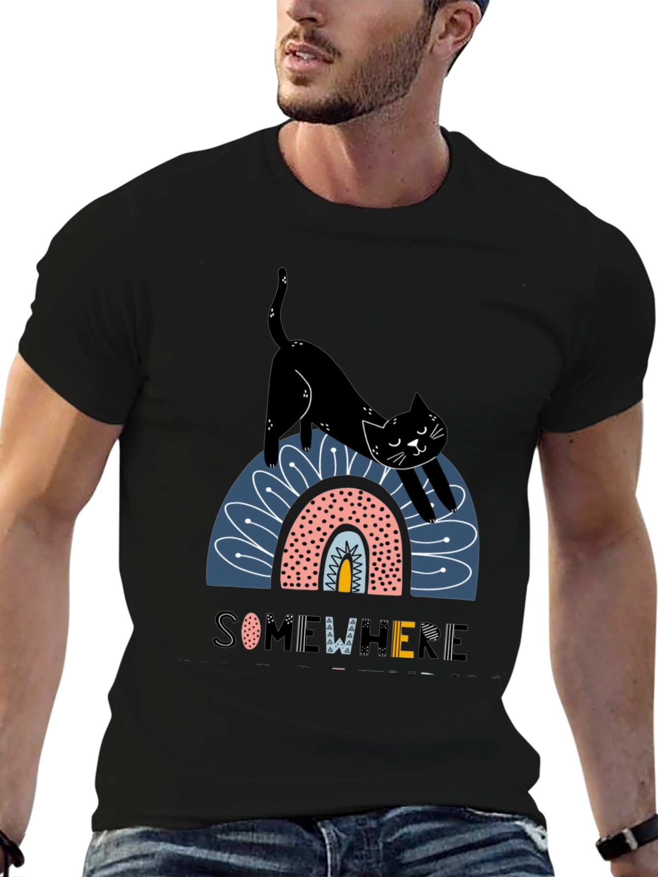 Black Cat Rainbow Graphic T-Shirt