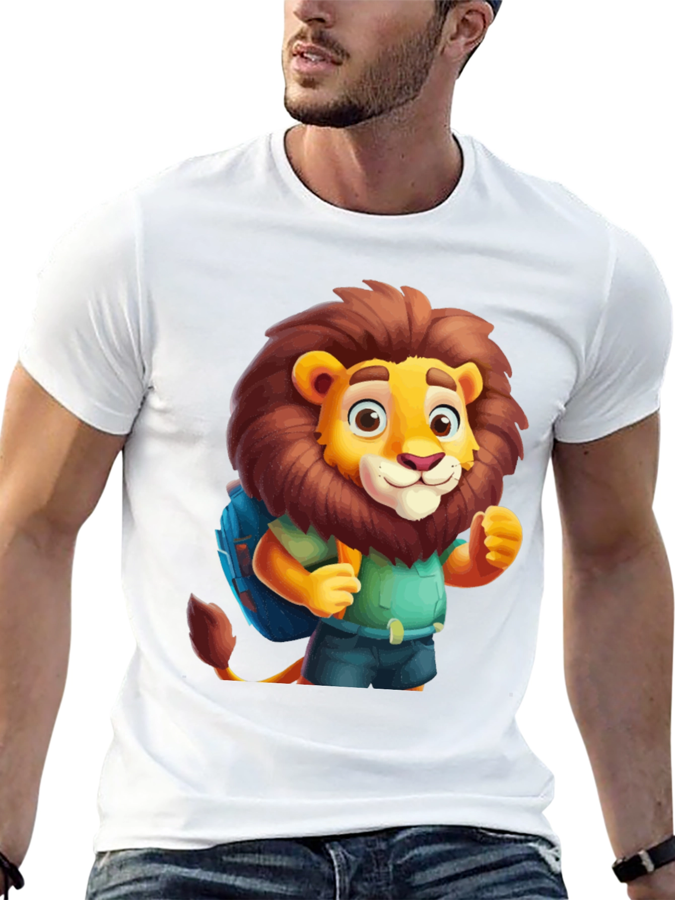 Cartoon Lion Tourist Black T-Shirt