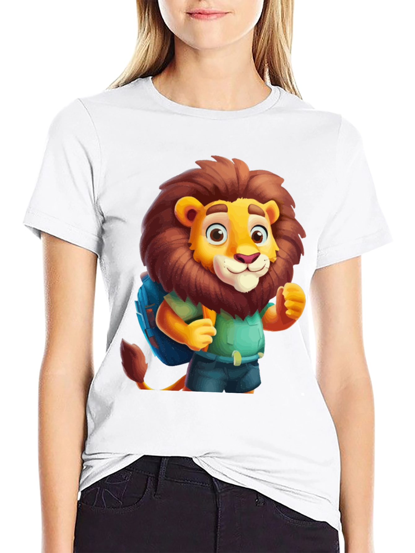 Cartoon Lion Tourist Black T-Shirt