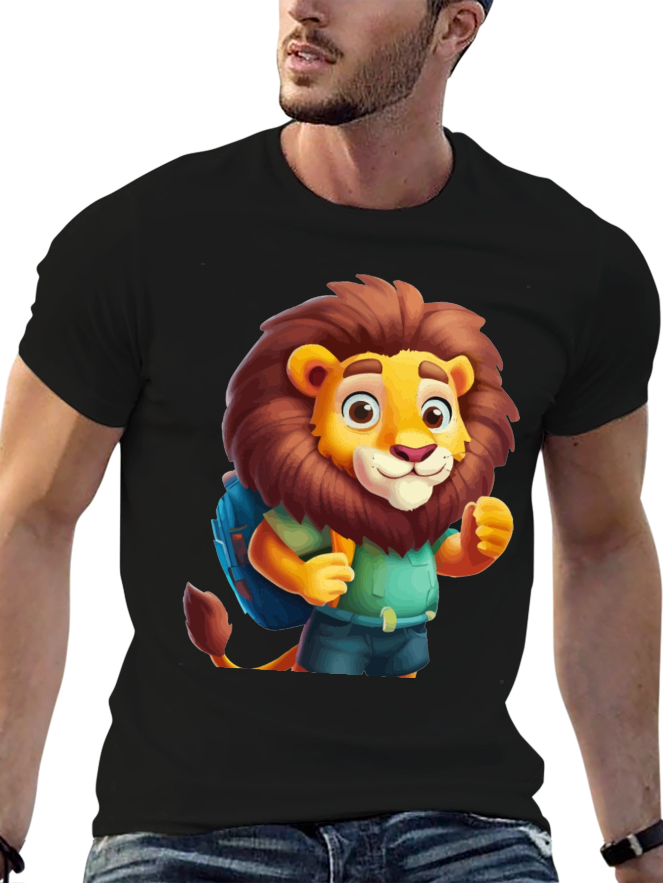 Cartoon Lion Tourist Black T-Shirt