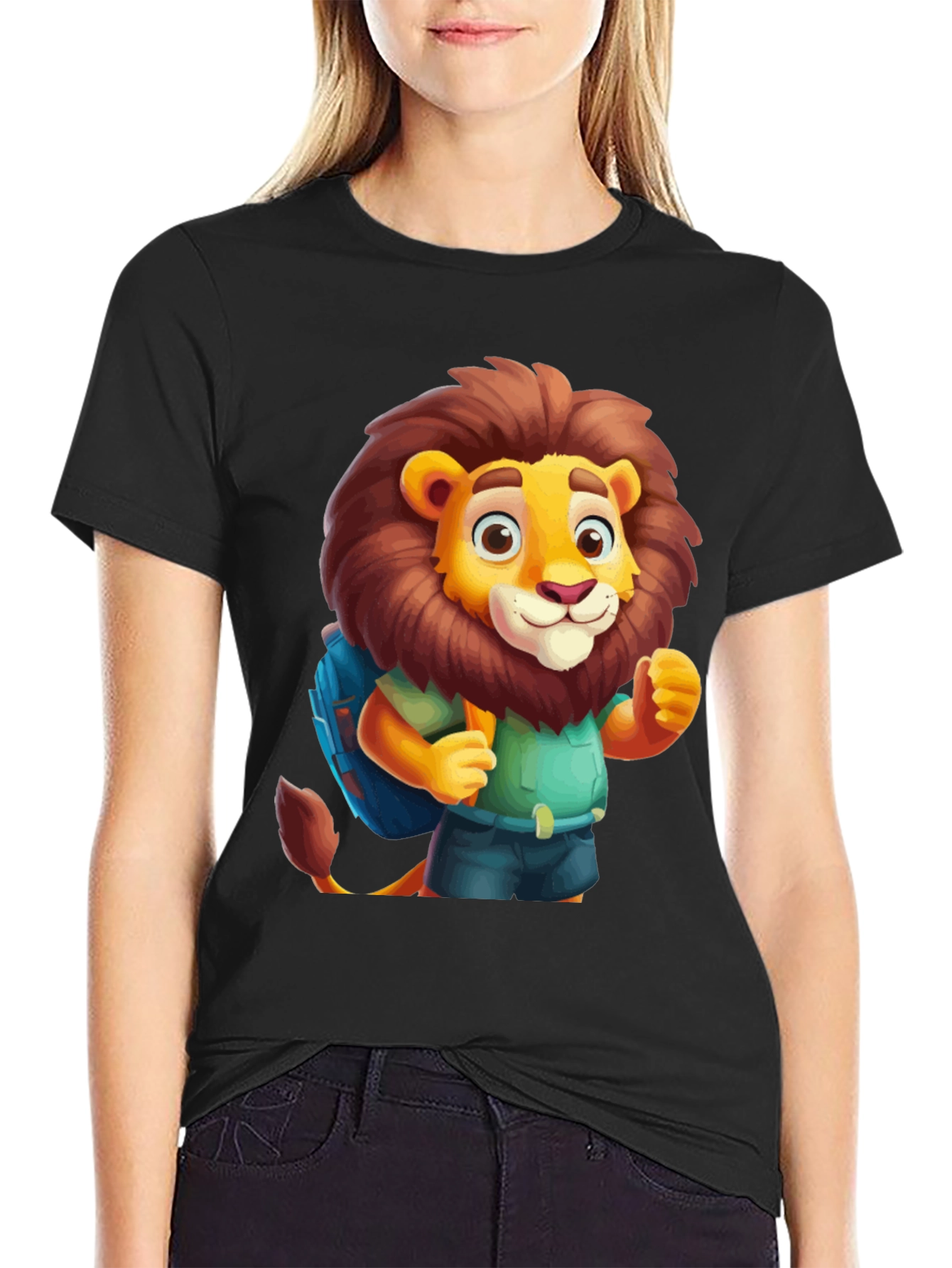 Cartoon Lion Tourist Black T-Shirt