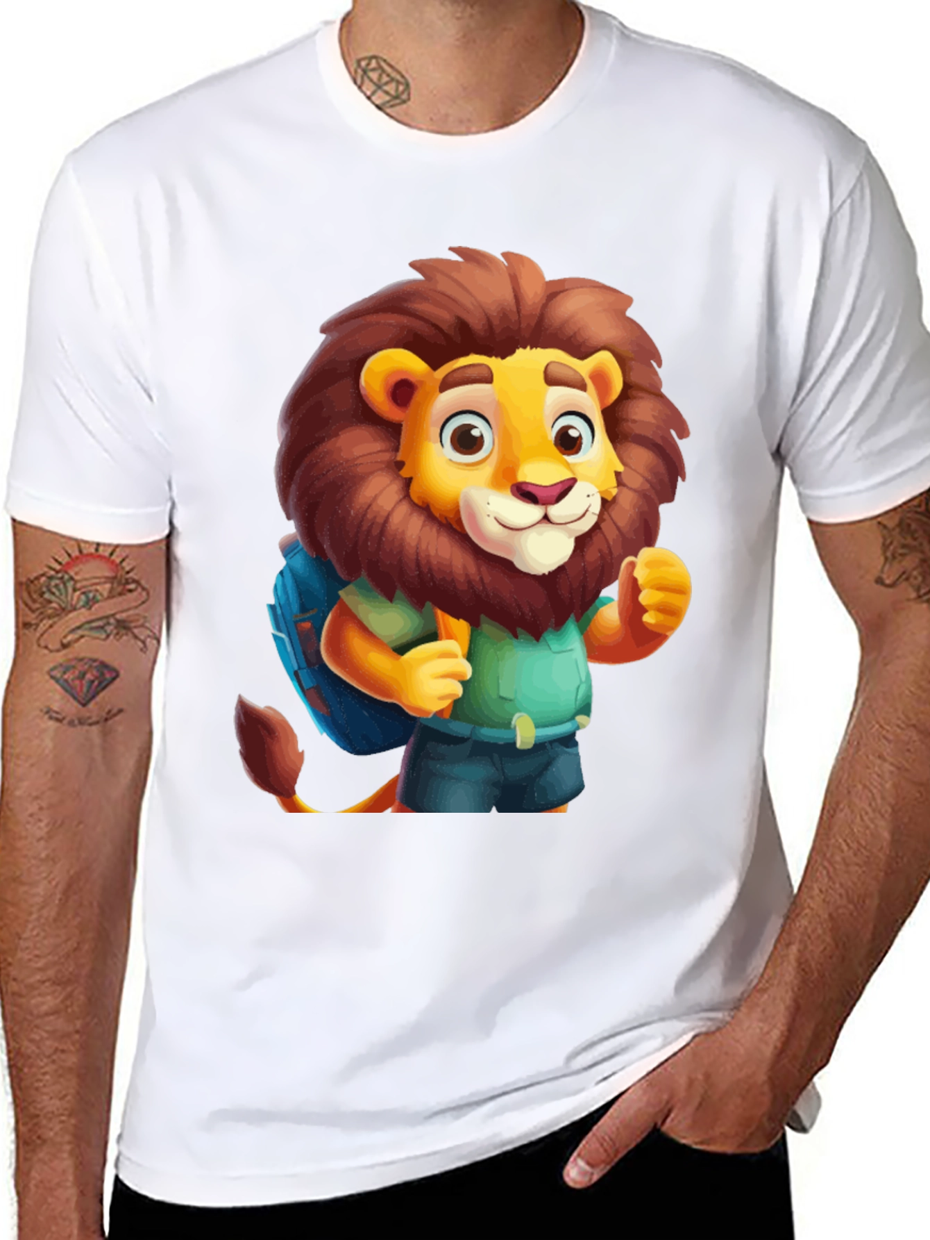 Cartoon Lion Tourist Black T-Shirt