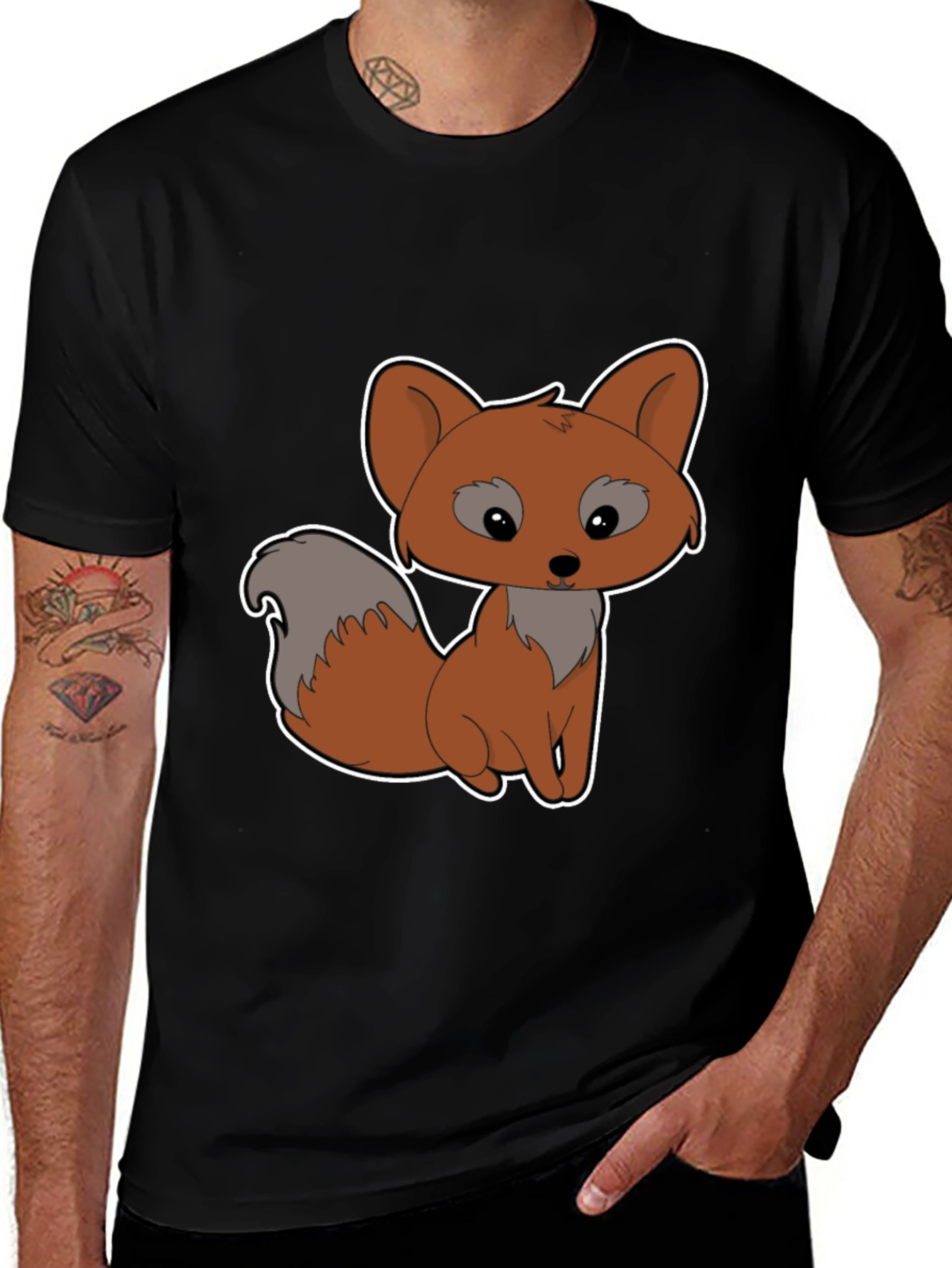 Cute Cartoon Fox Graphic Tee - Black Cotton Shirt