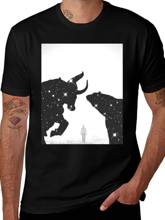 Bull and Bear Galaxy Graphic Tee - Black Cotton Shirt