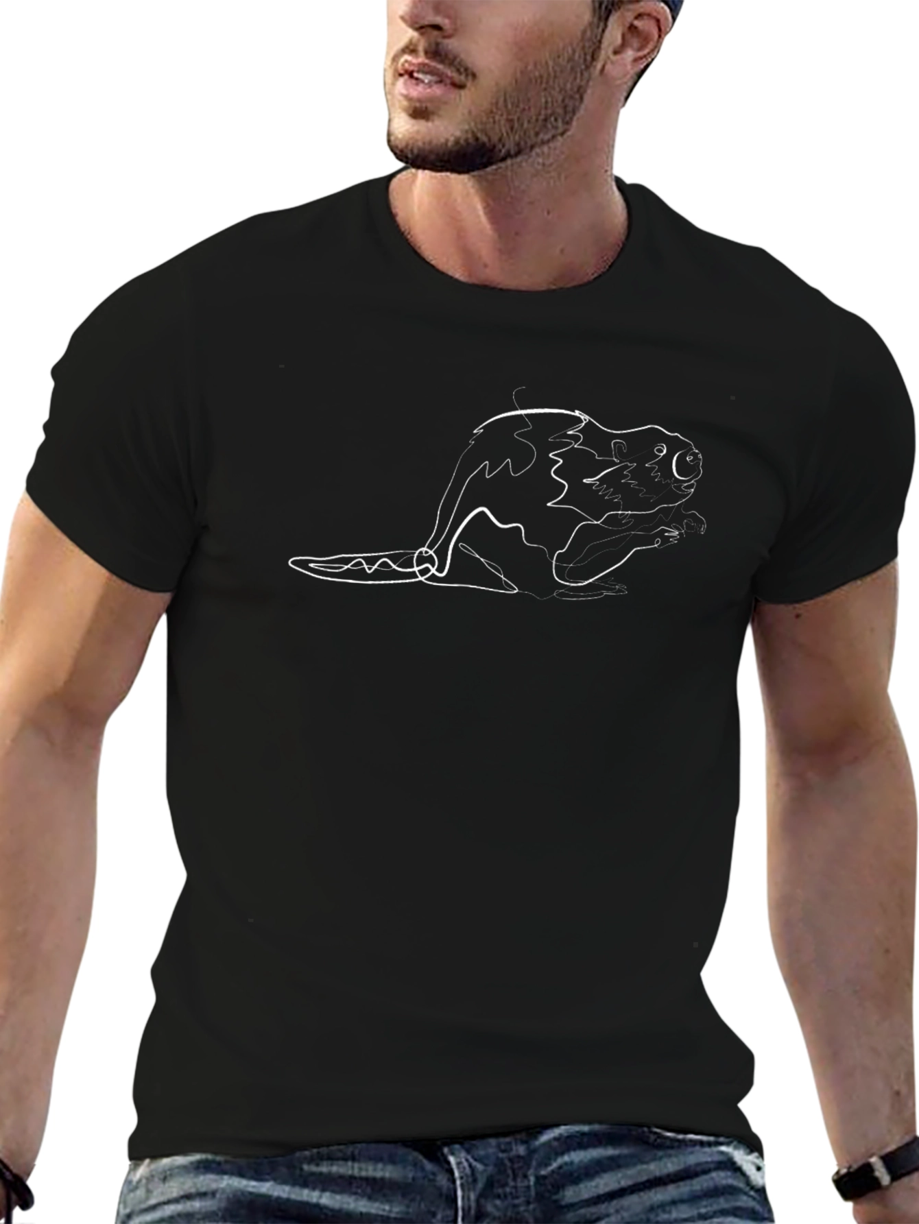 Black T-Shirt with Beaver Line Art Design