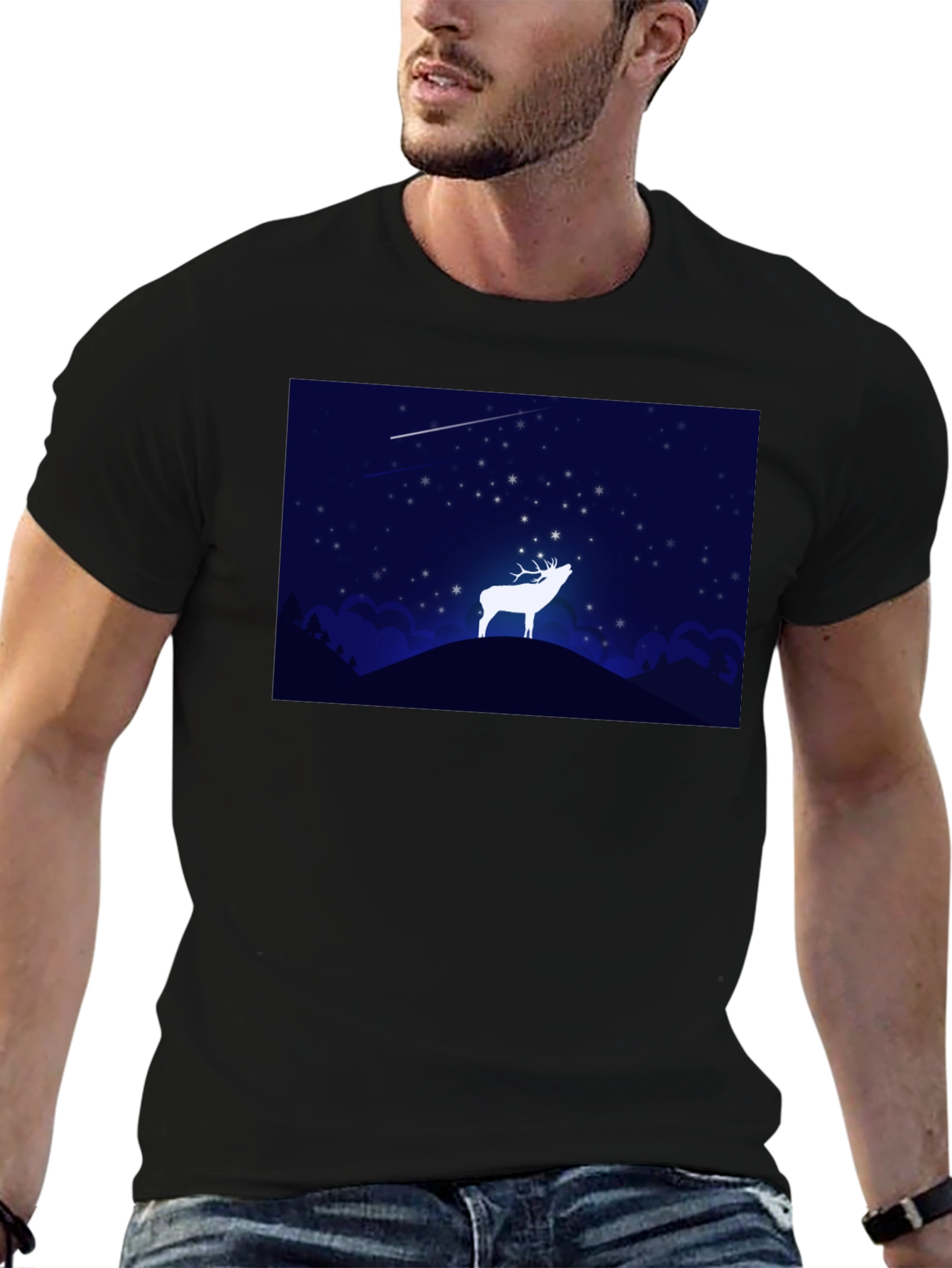 Starry Night Deer Graphic Black T-Shirt