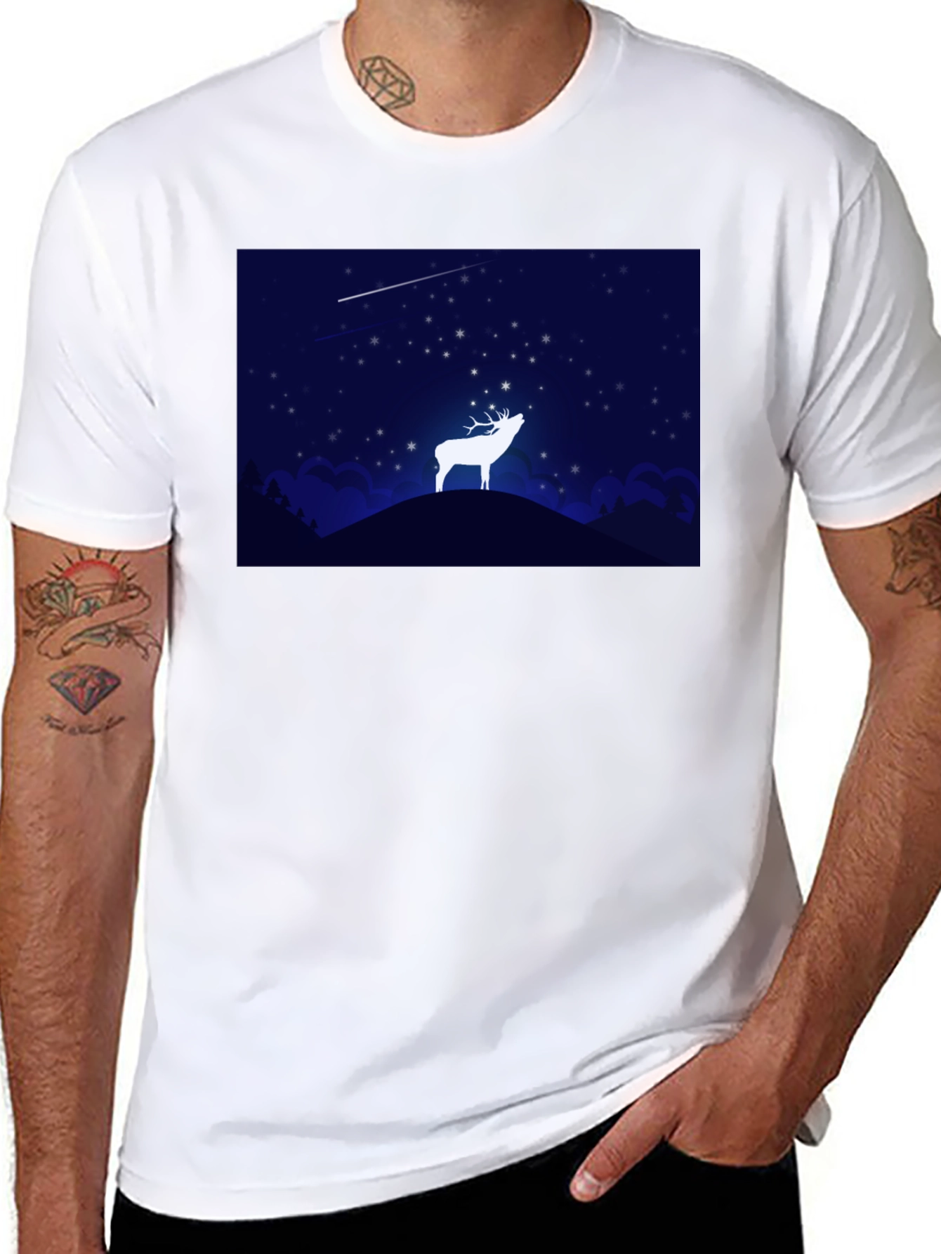 Starry Night Deer Graphic Black T-Shirt