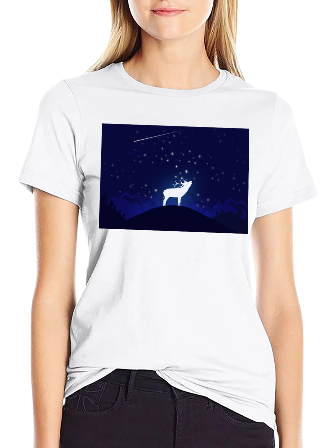 Starry Night Deer Graphic Black T-Shirt