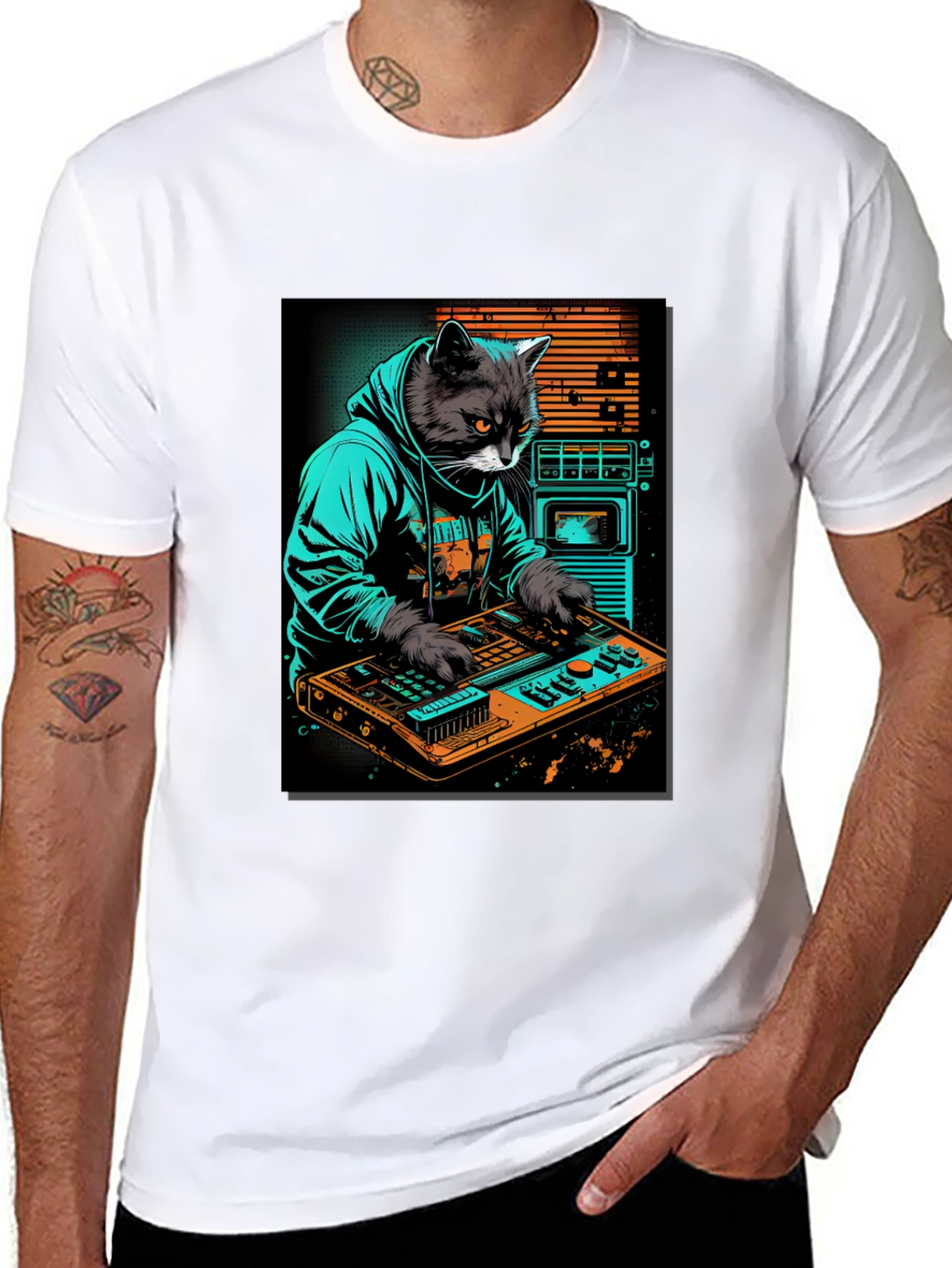 Cat DJ Graphic Tee - Cool Black T-Shirt