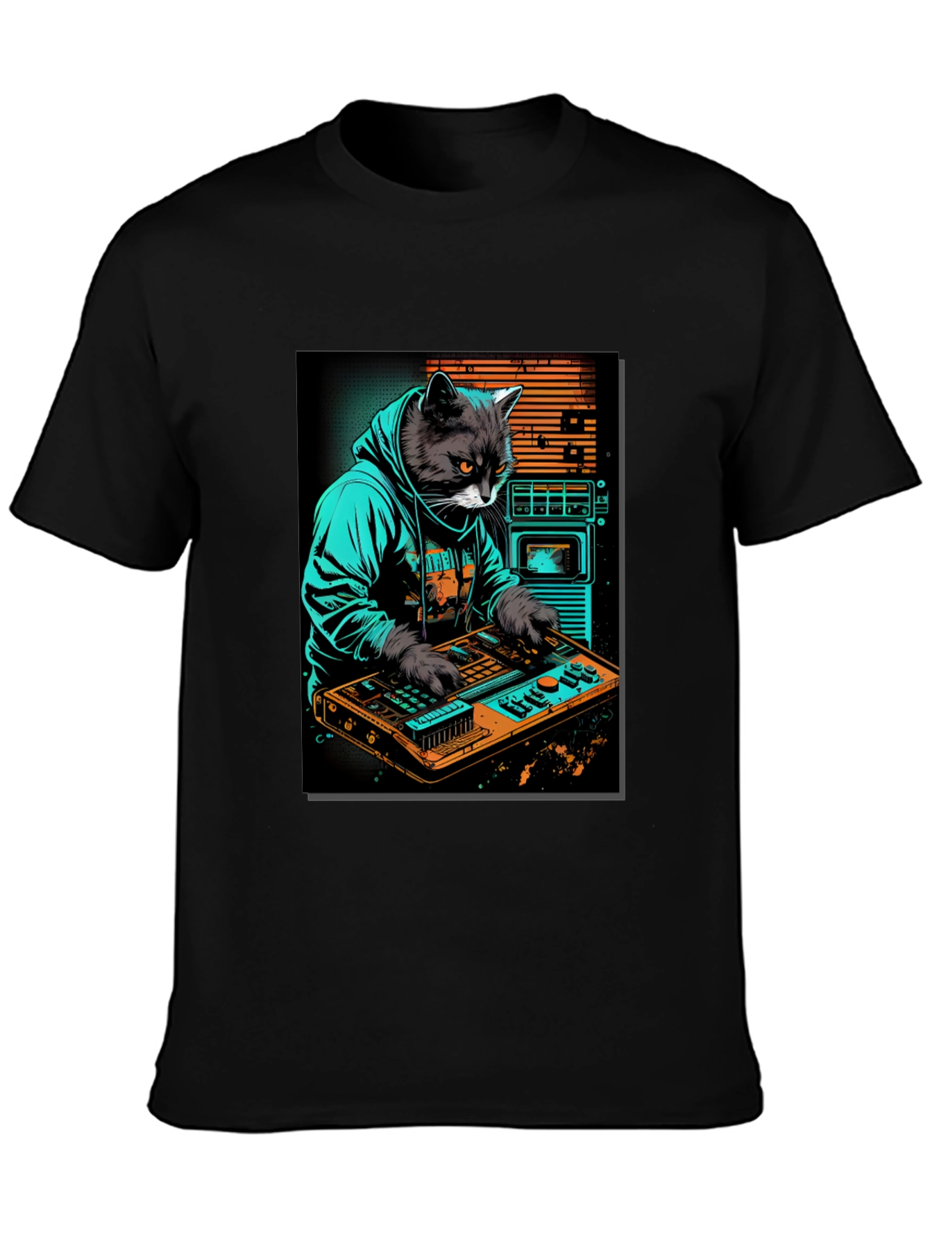 Cat DJ Graphic Tee - Cool Black T-Shirt