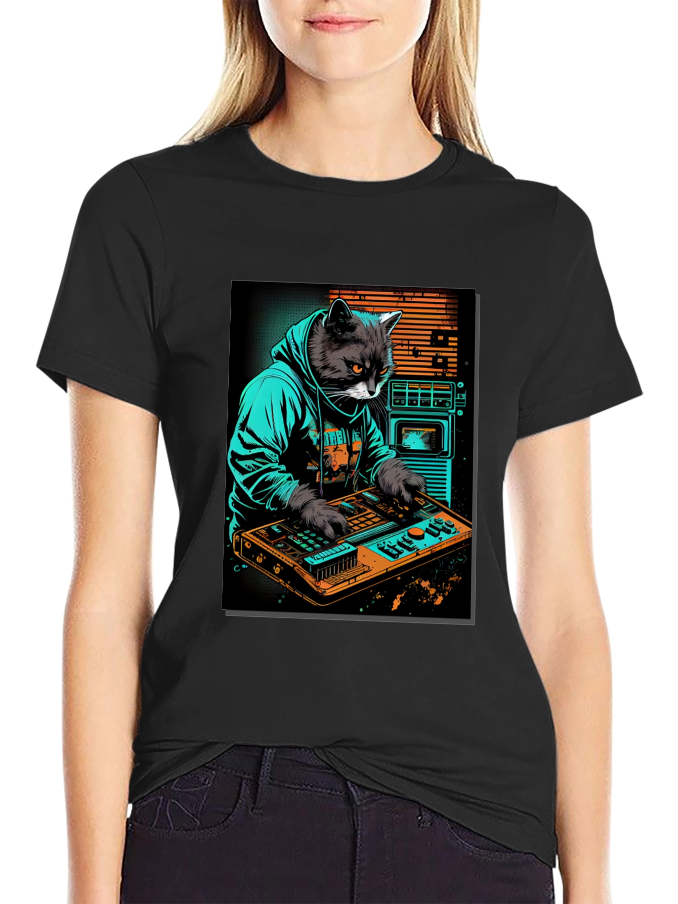 Cat DJ Graphic Tee - Cool Black T-Shirt