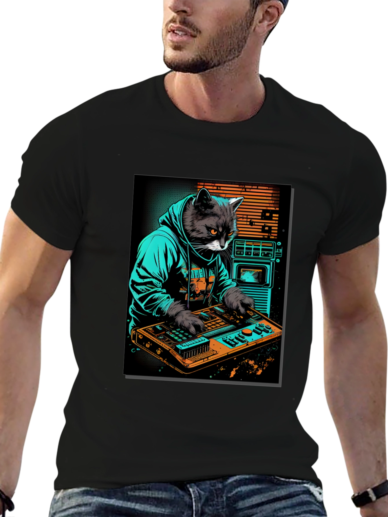 Cat DJ Graphic Tee - Cool Black T-Shirt