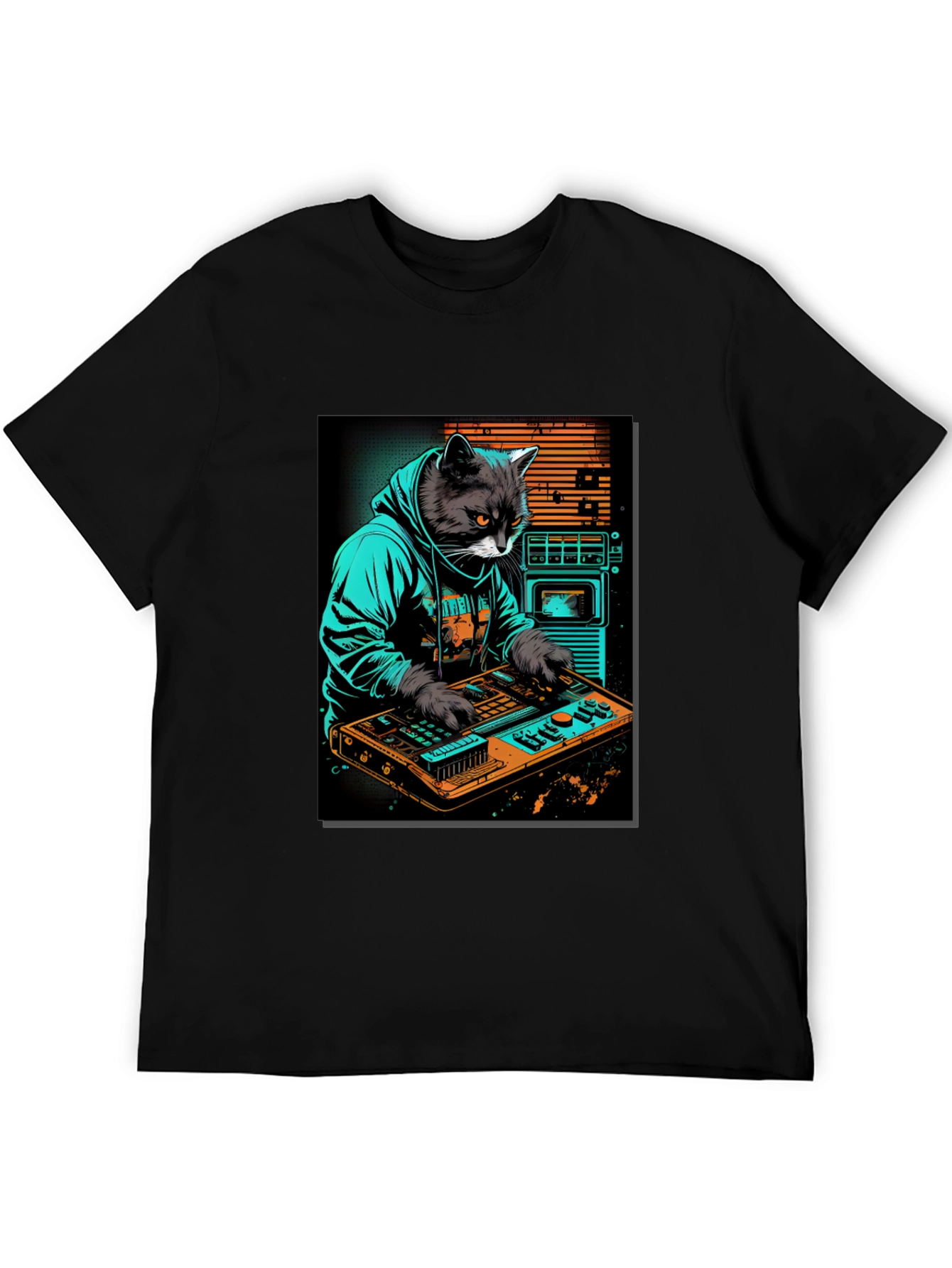 Cat DJ Graphic Tee - Cool Black T-Shirt