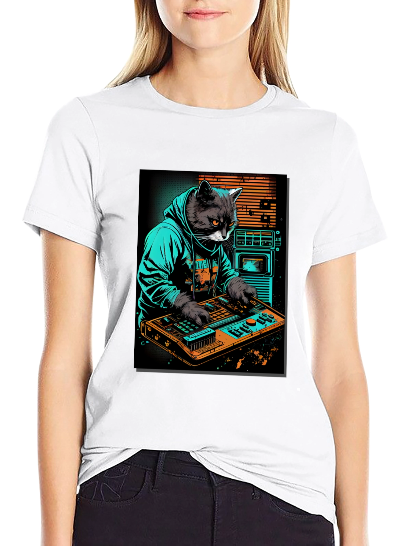 Cat DJ Graphic Tee - Cool Black T-Shirt