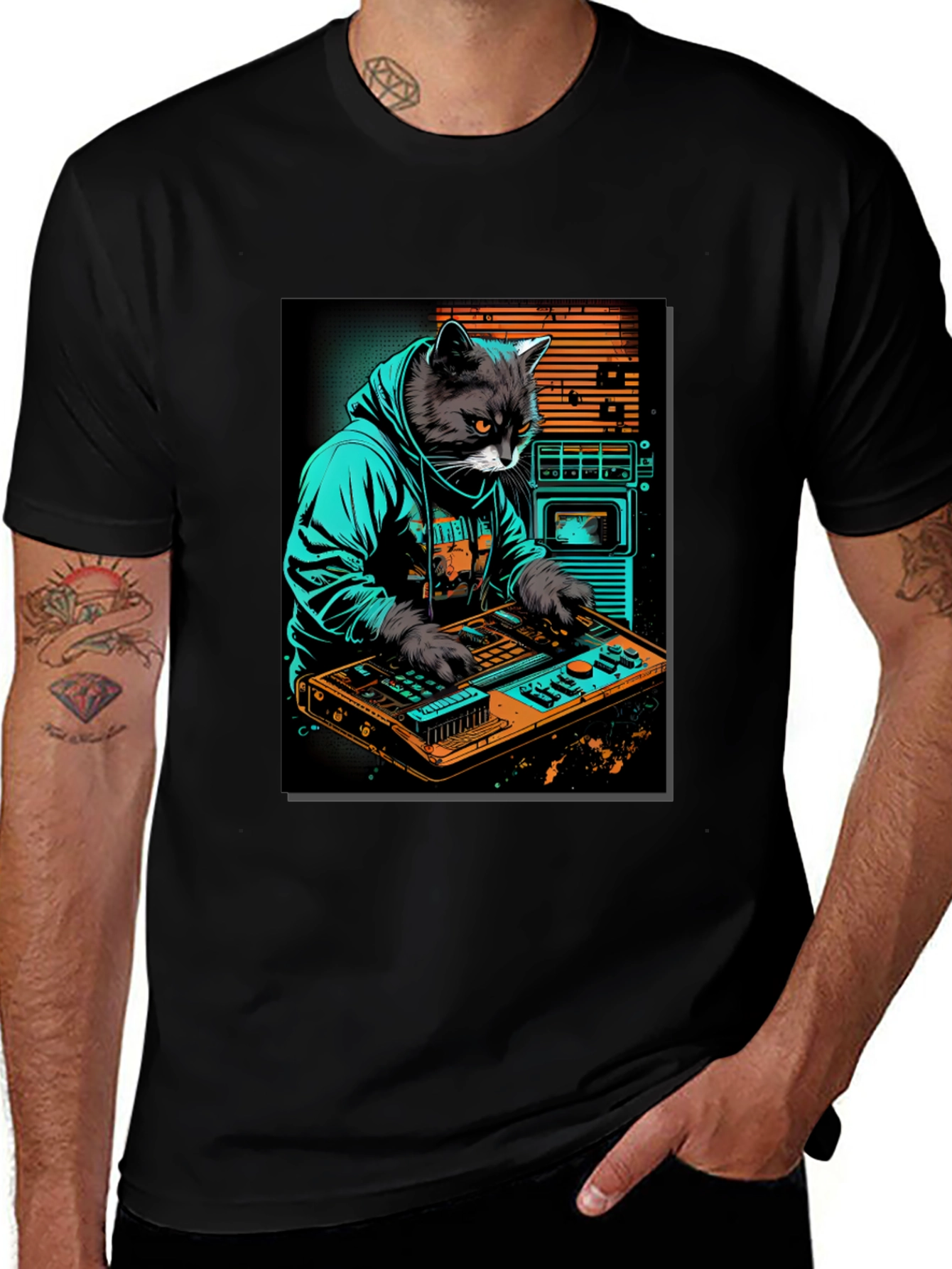 Cat DJ Graphic Tee - Cool Black T-Shirt