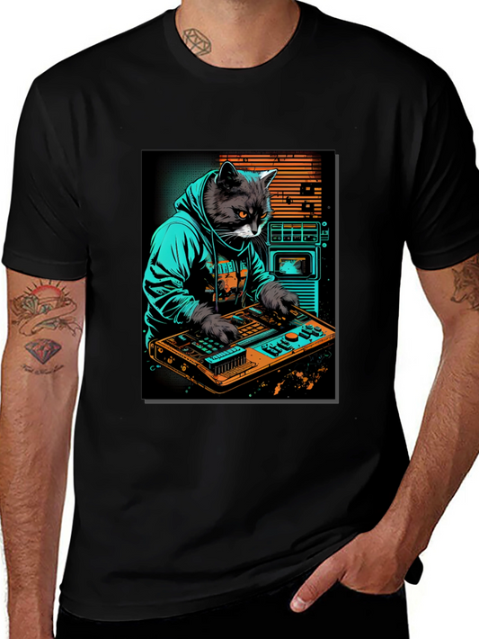 Cat DJ Graphic Tee - Cool Black T-Shirt