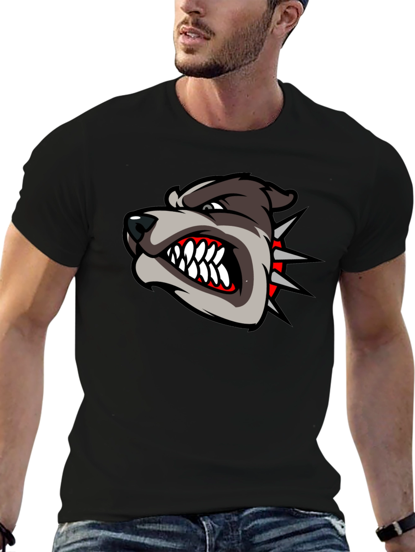 Mens Black T-Shirt with Aggressive Dog Graphic