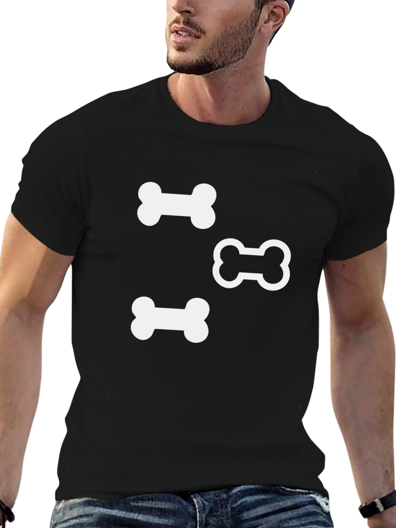 Dog Bone Print T-Shirt - Casual Black Tee